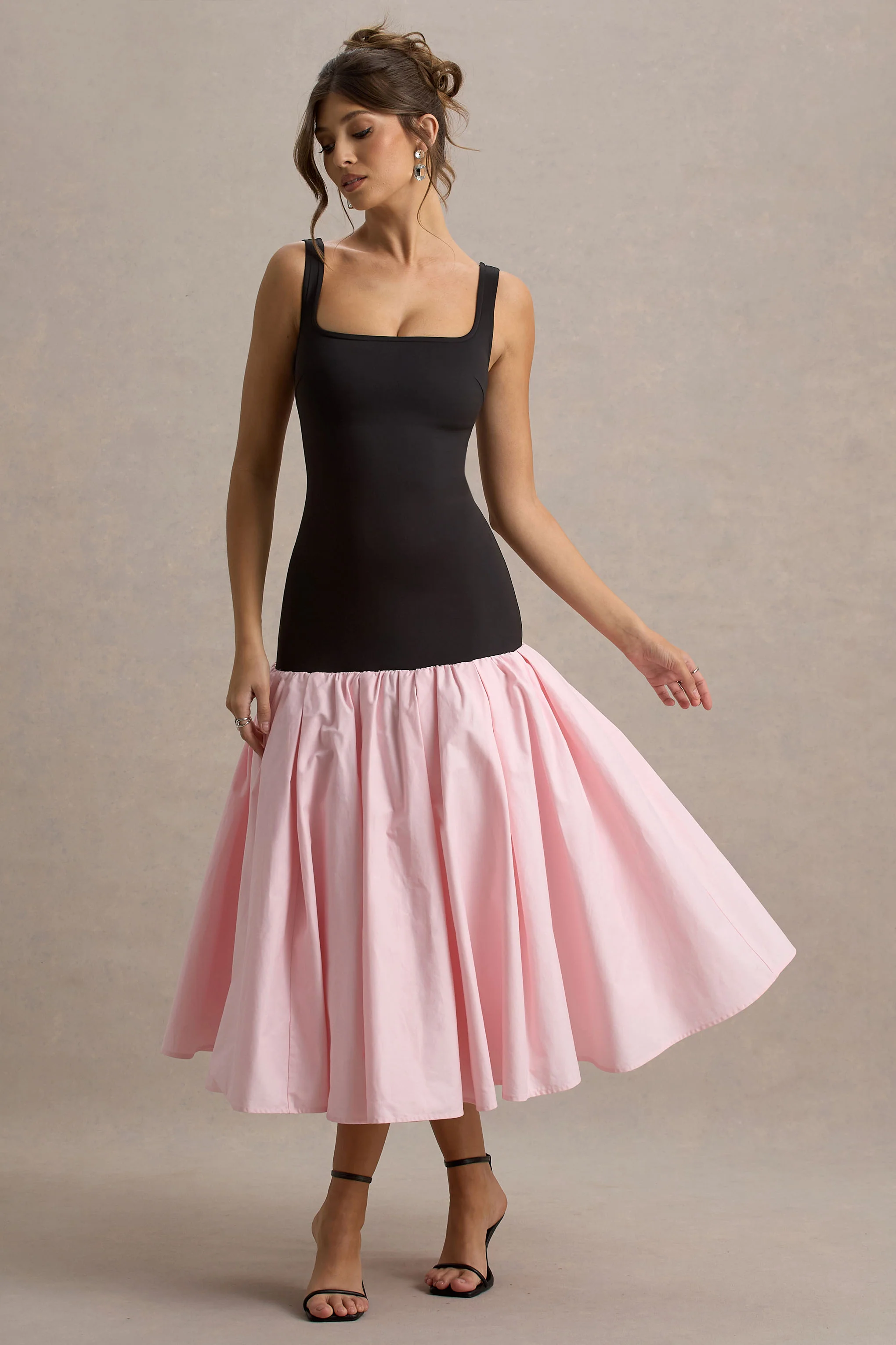 Parida | Black & Pink Poplin Drop-Waist Midi Dress With Peplum Hem