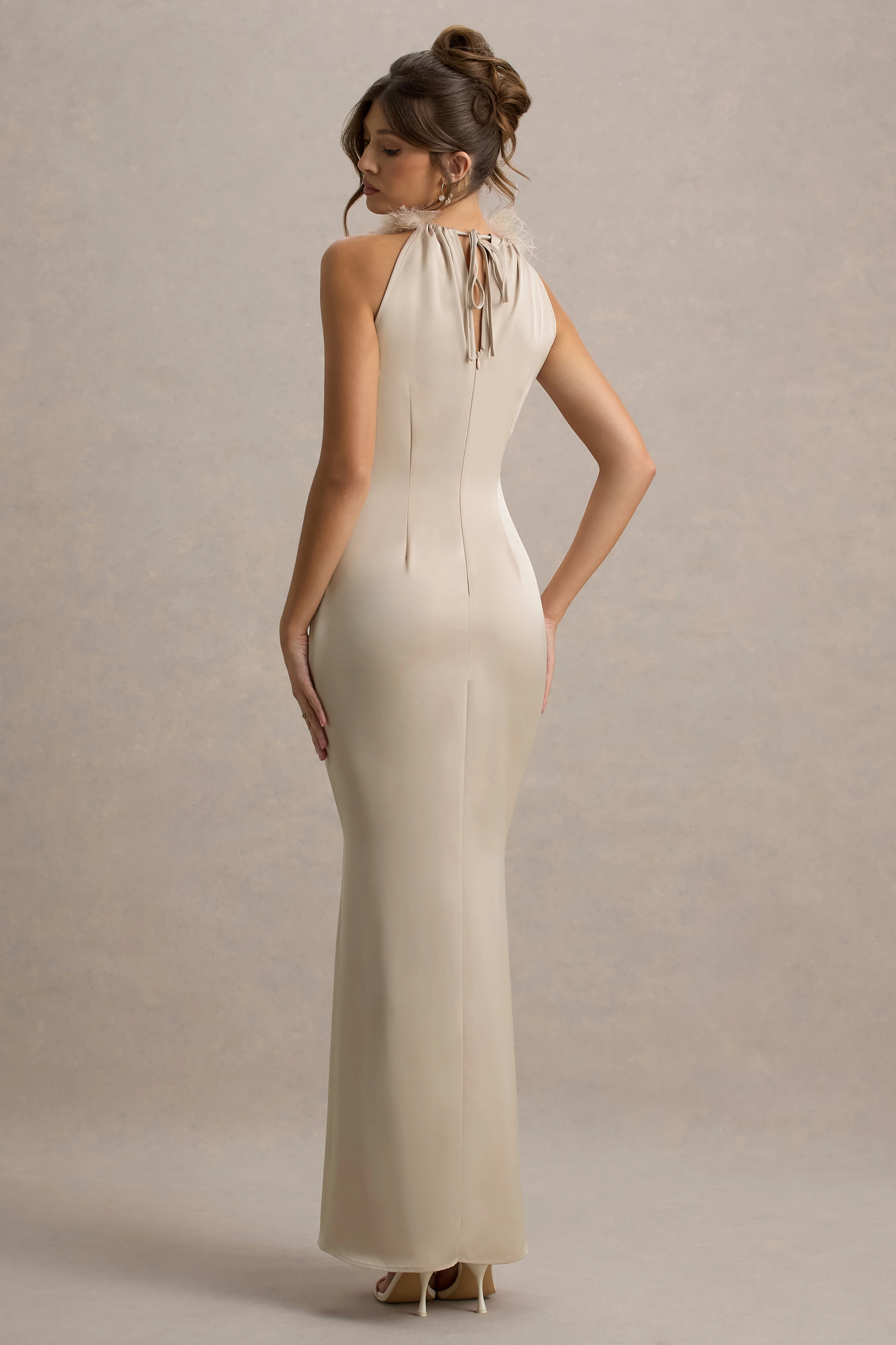 Bianca | Champagne Satin Feather-Trim Maxi Dress