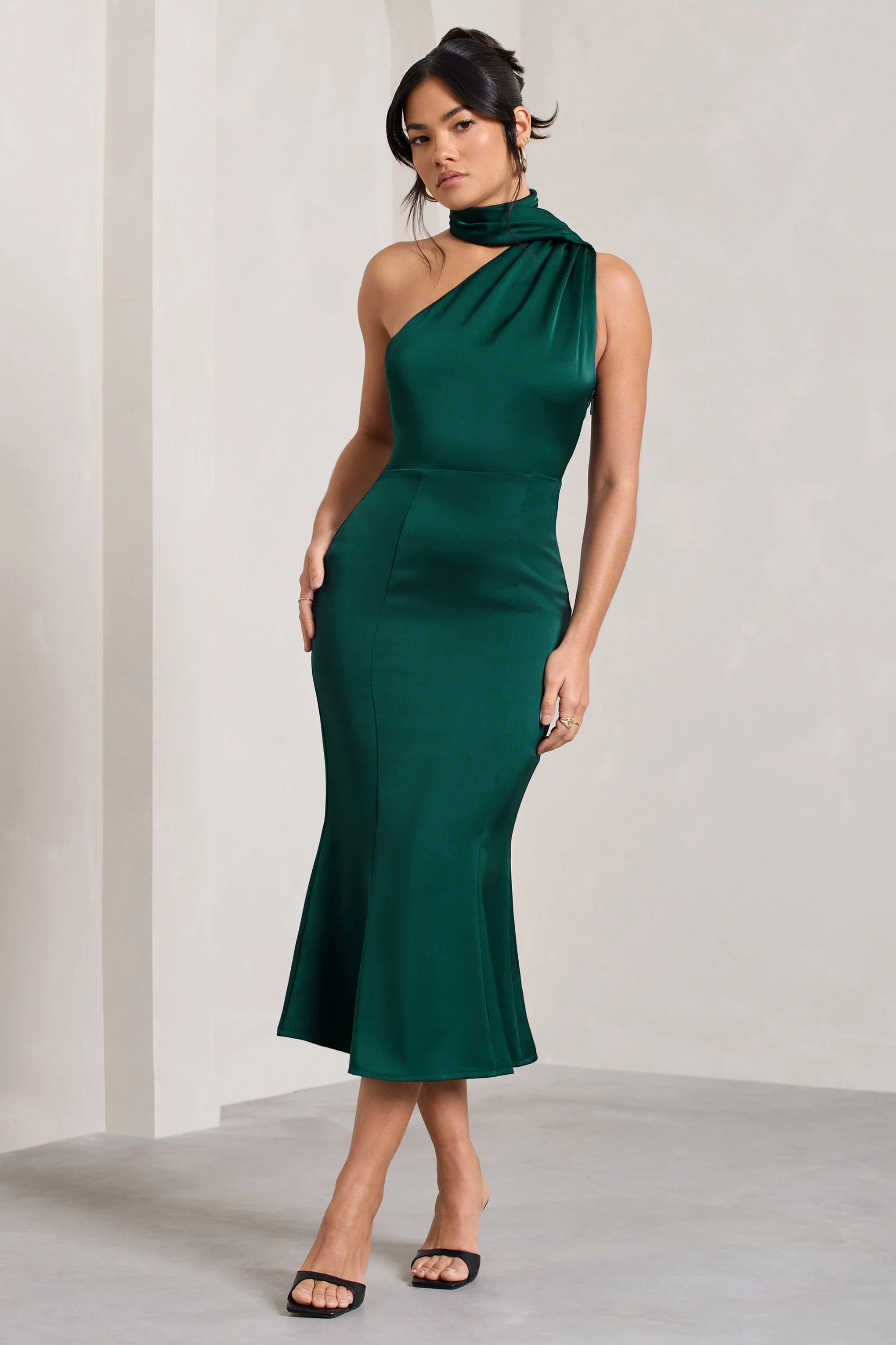 1161-golden-girl-bottle-green-satin-one-shoulder-high-neck-flared-midi-dress-1.webp