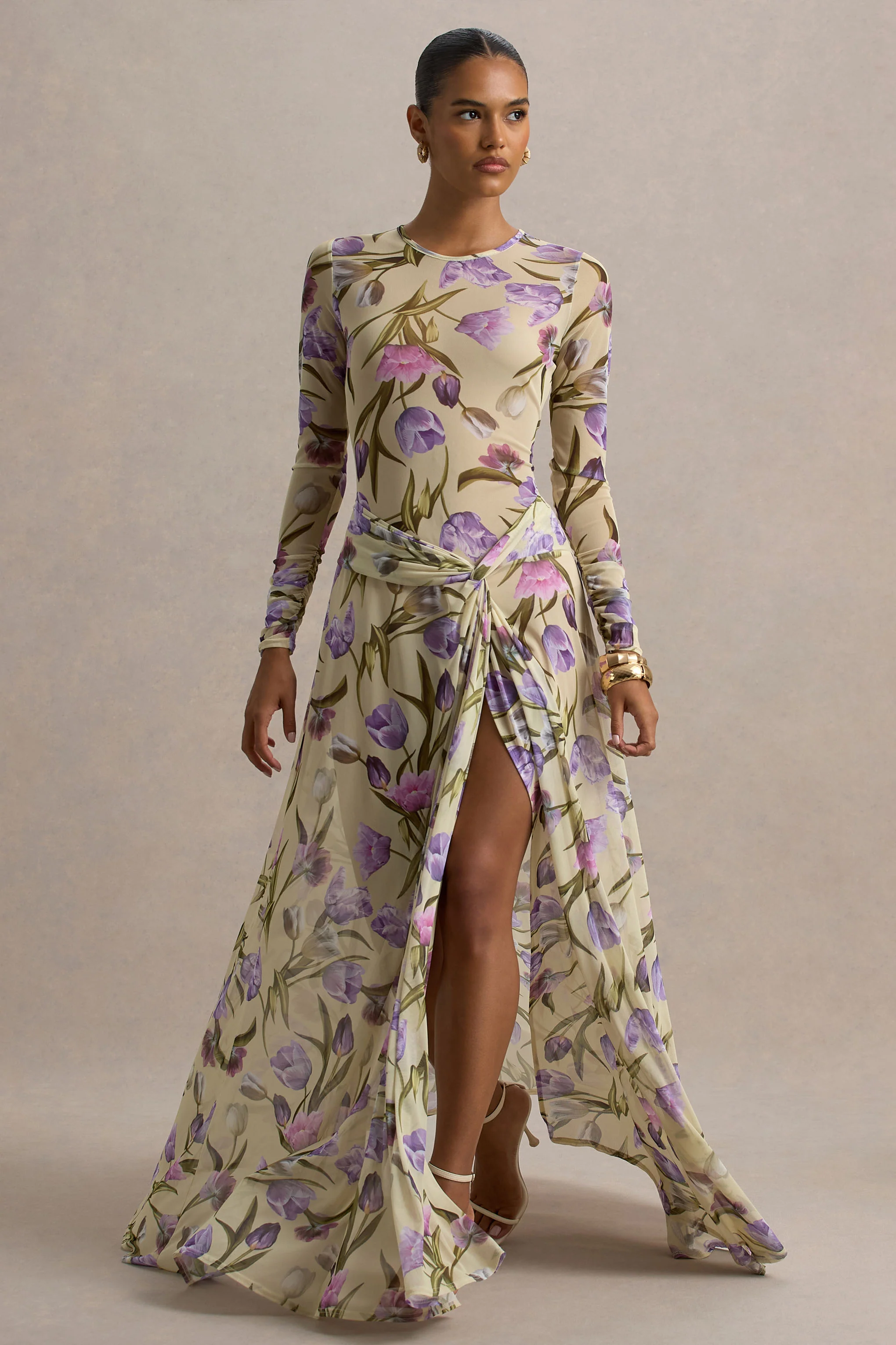 11734-koami-yellow-floral-sheer-mesh-long-sleeve-ruched-maxi-dress-with-high-split-1.webp
