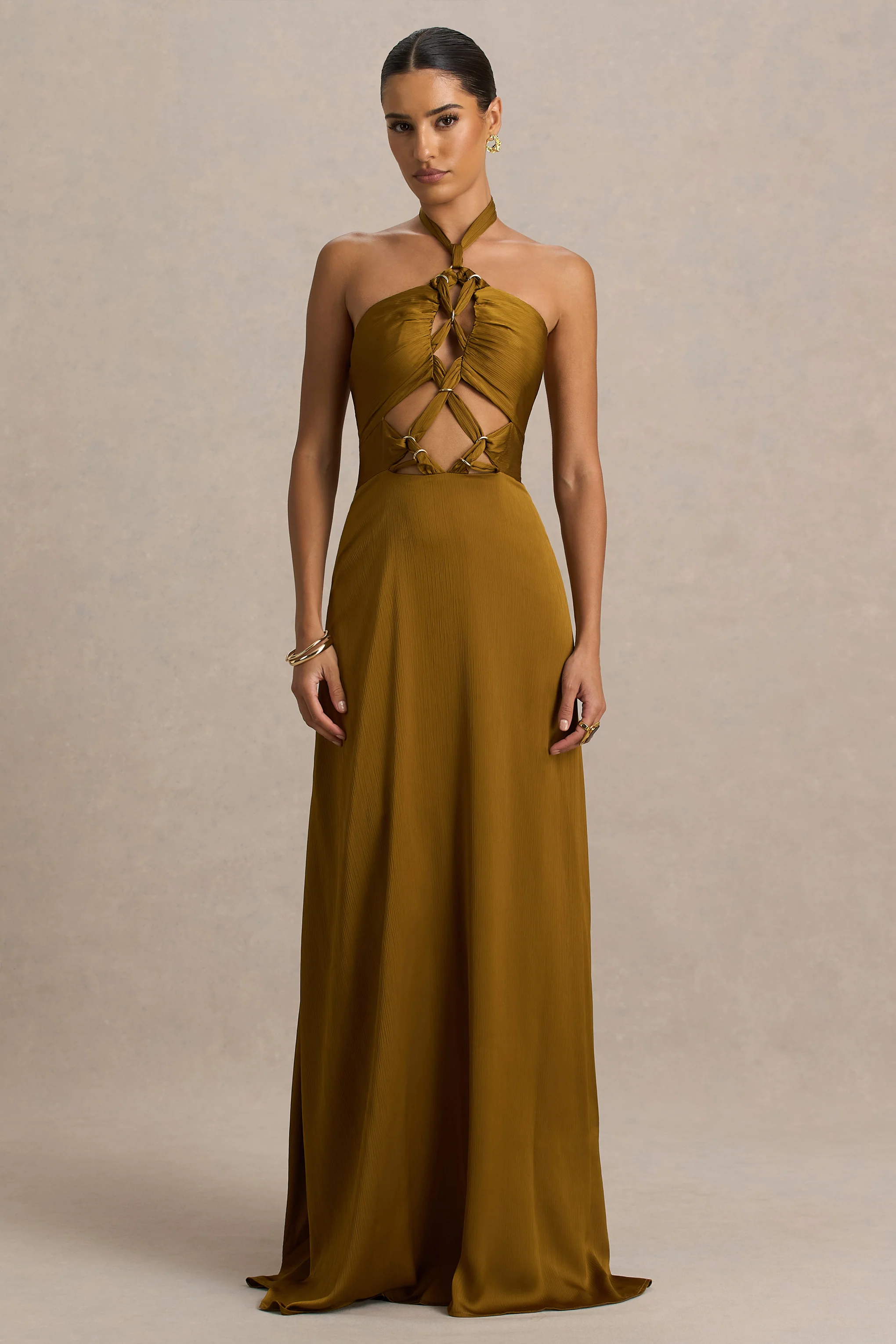 Aleera | Olive Chiffon Halter-Neck Maxi Dress With Cut-Out Detail
