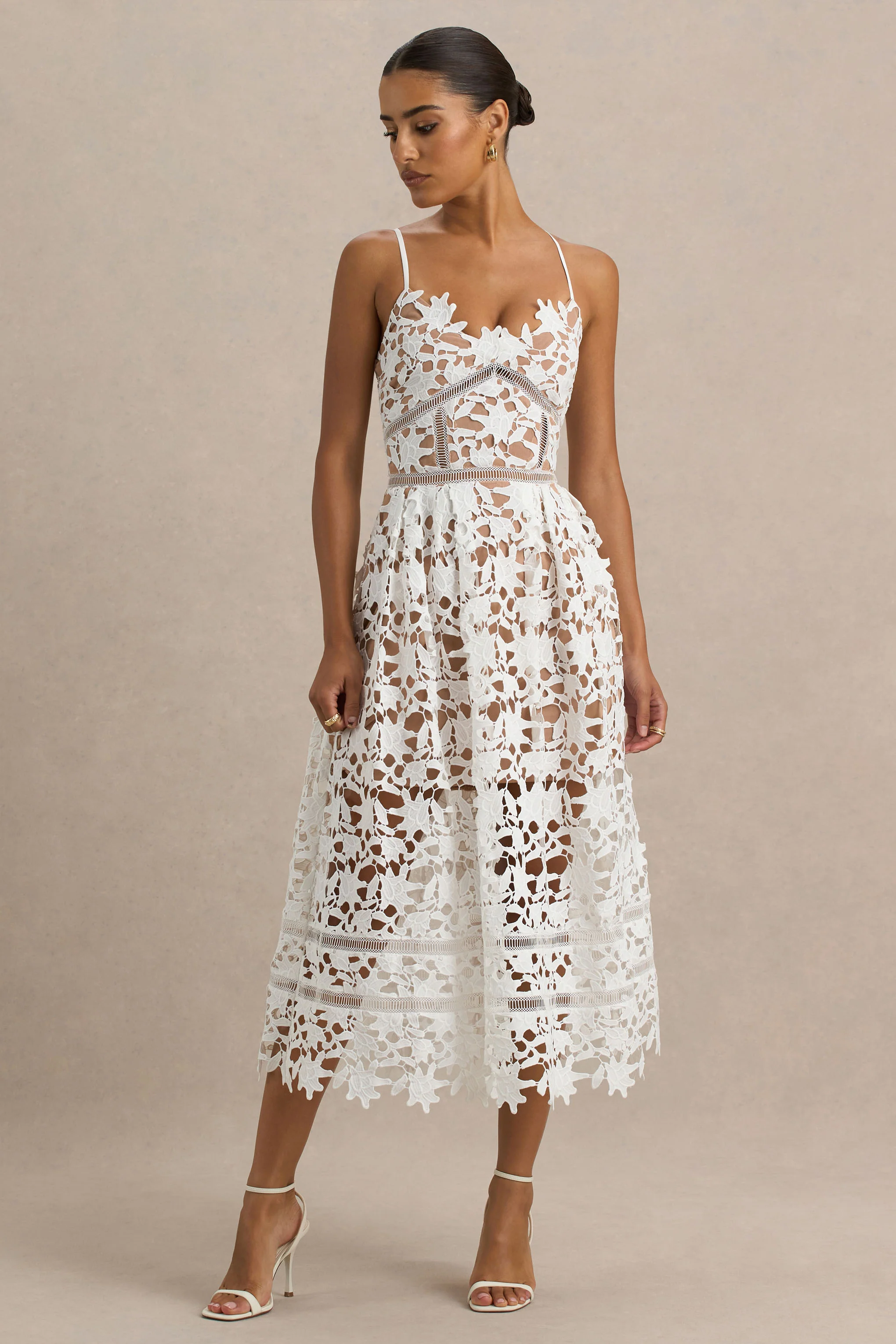 Zuri | White Lace Sweetheart Midi Dress With Cami Straps
