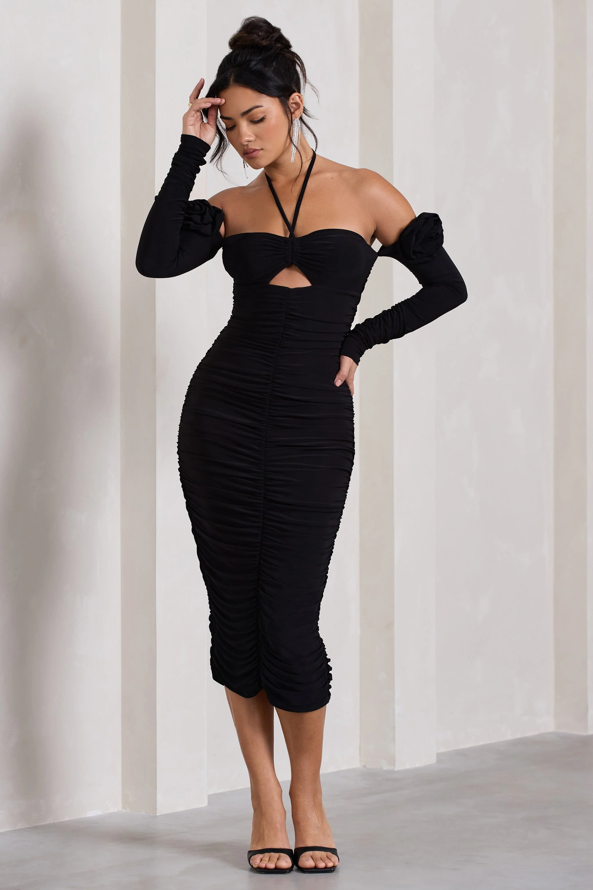 1381-extra-special-black-ruched-halter-neck-midi-dress-with-flowers-1.webp