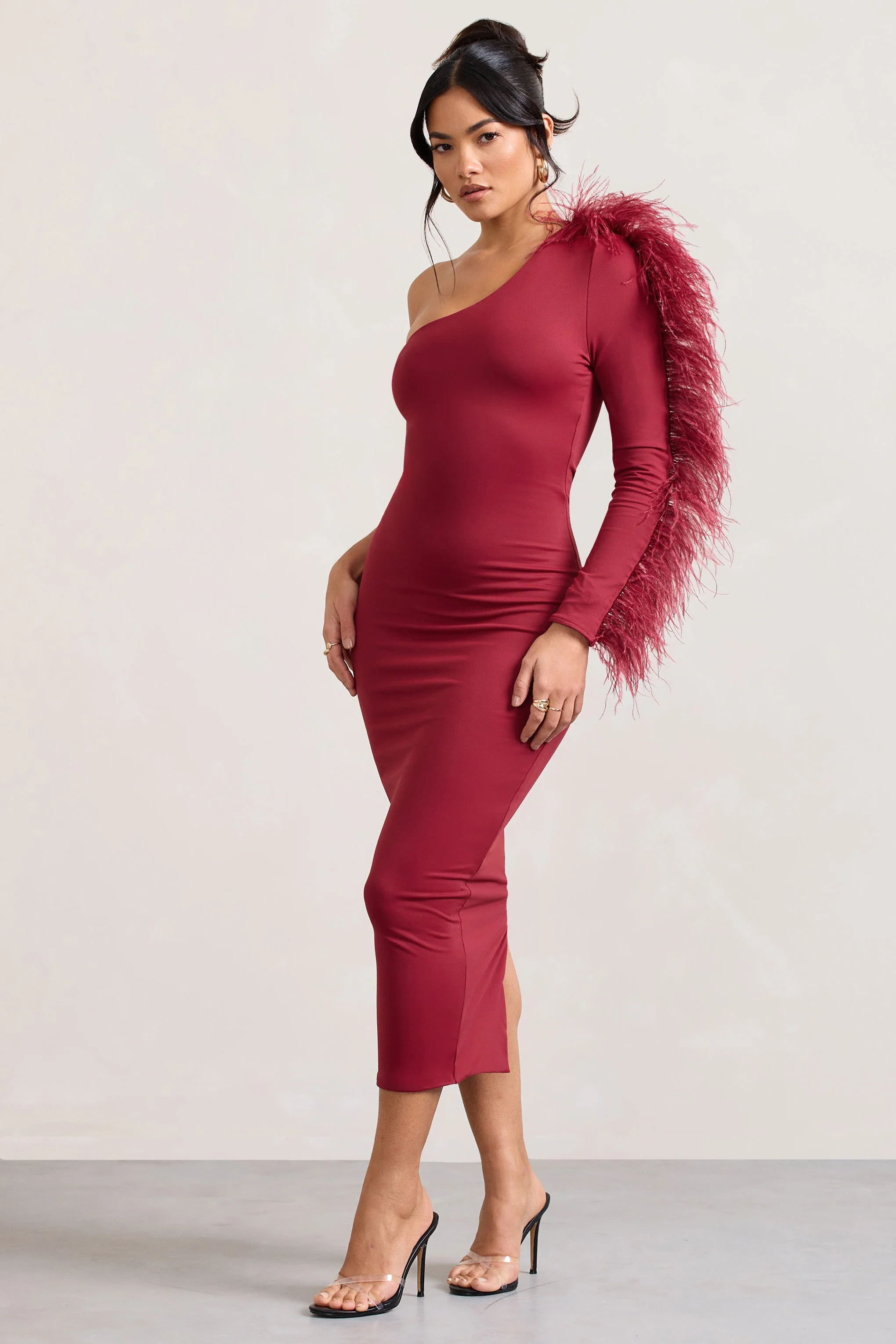 1398-wild-one-burgundy-one-shoulder-bodycon-midi-dress-with-feather-trimmed-sleeve-1.webp