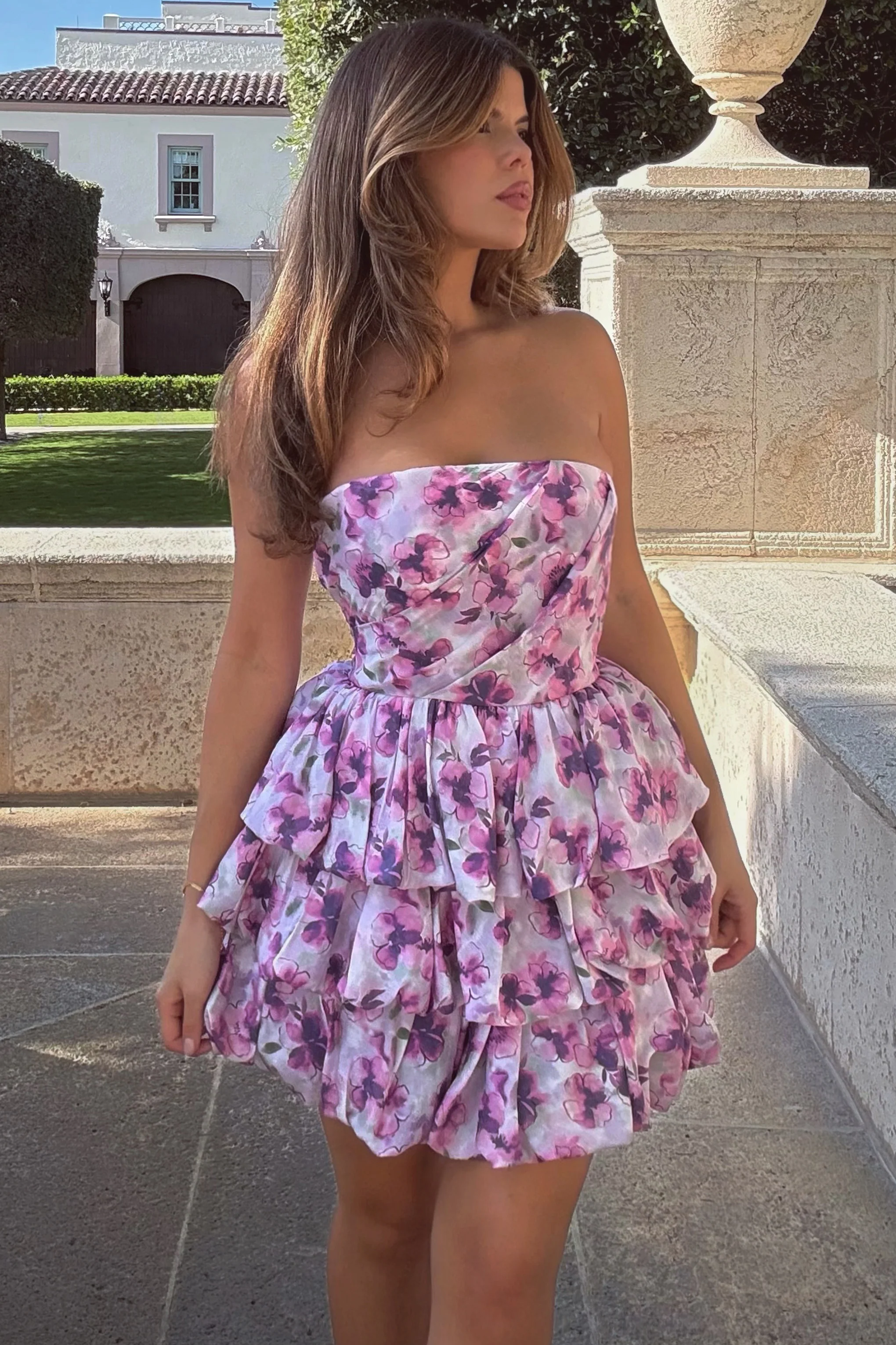 Swirl | Cream Floral Print Bandeau Puffball Mini Dress With Ruffle Detail