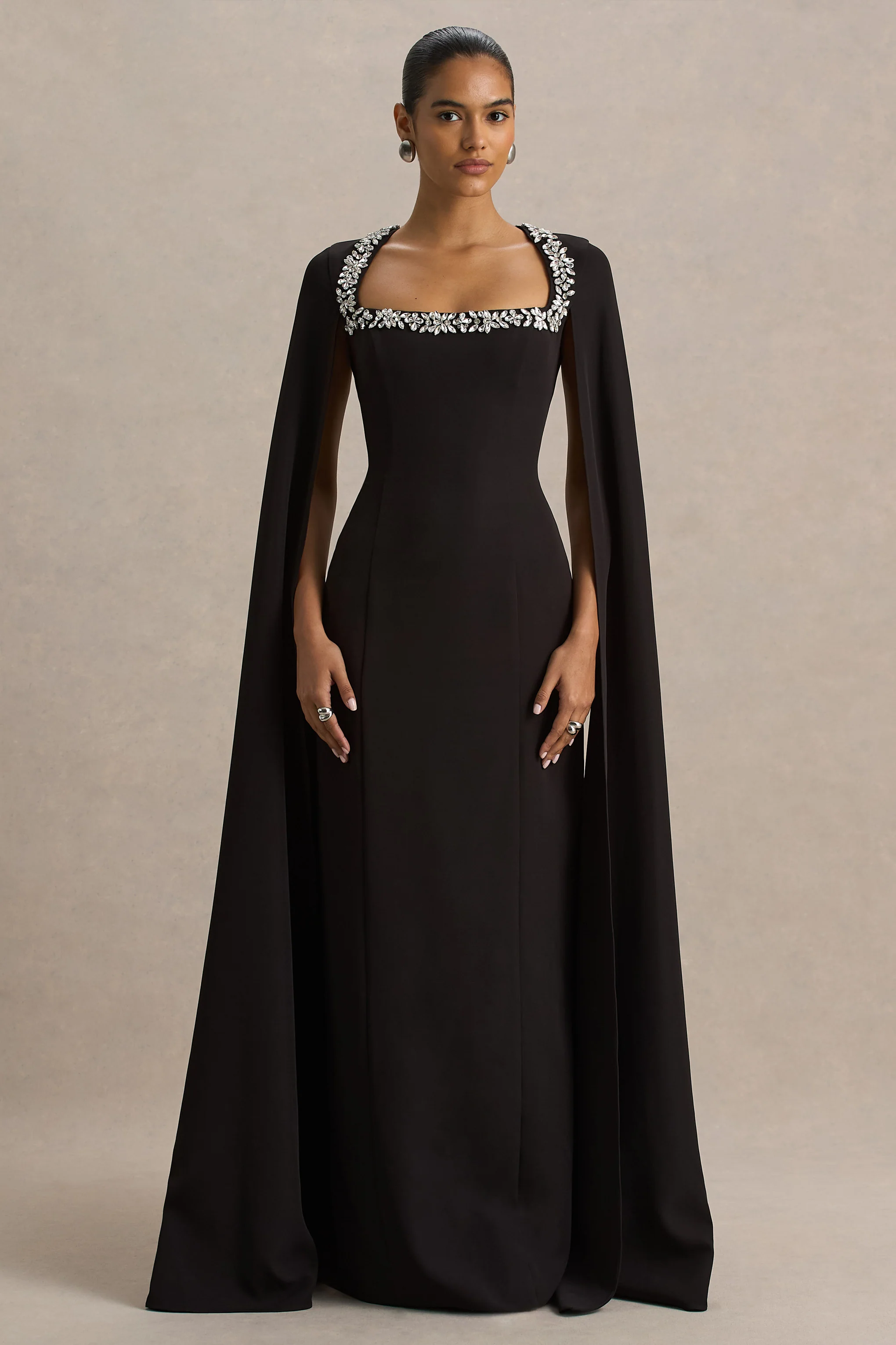 Glossy | Black Woven Square-Neck Maxi Dress With Cape Sleeves and Embellished Detail