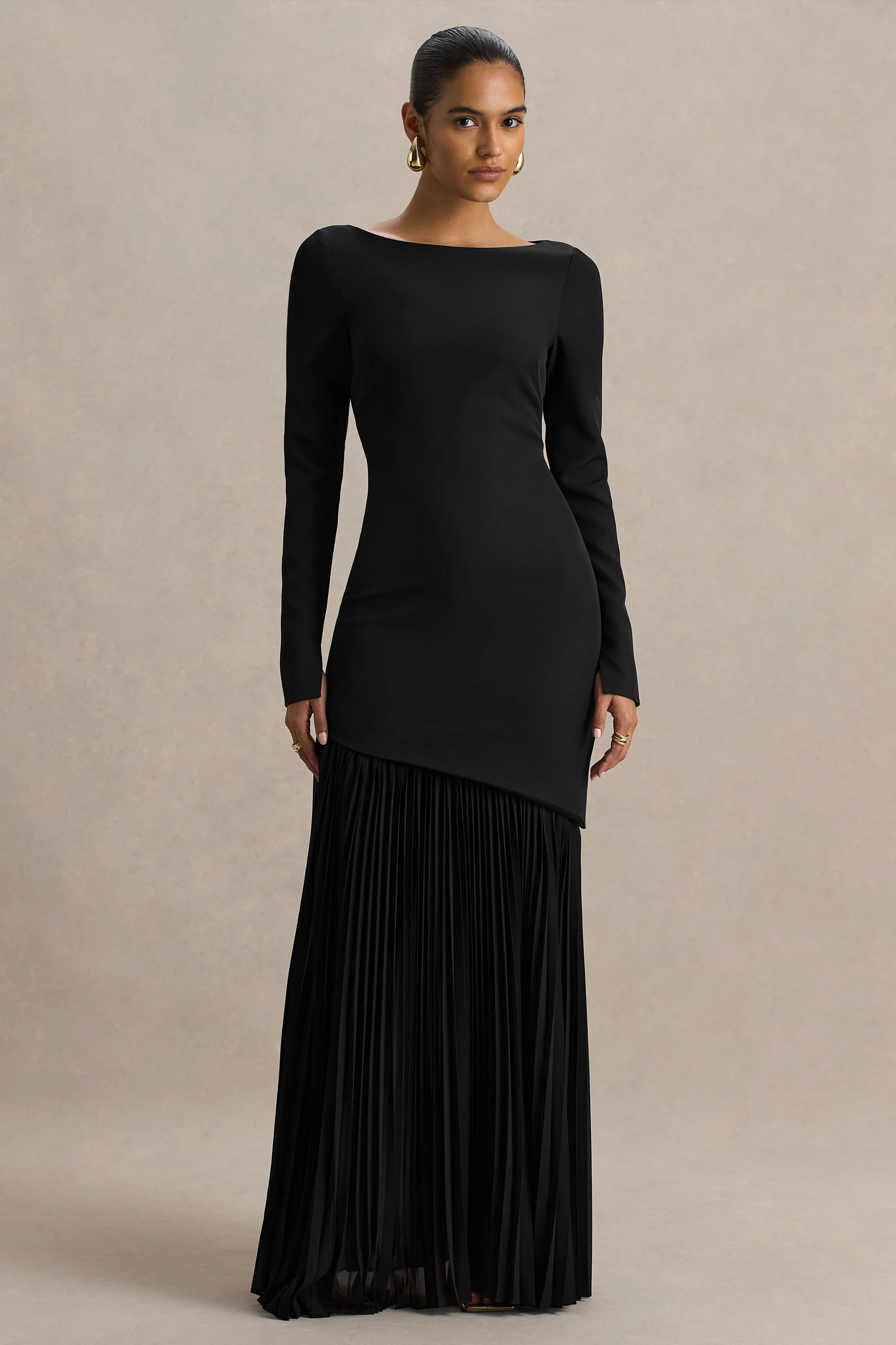 Yanira | Black Crepe And Georgette Crew-Neck Maxi Dress With Drop Waist