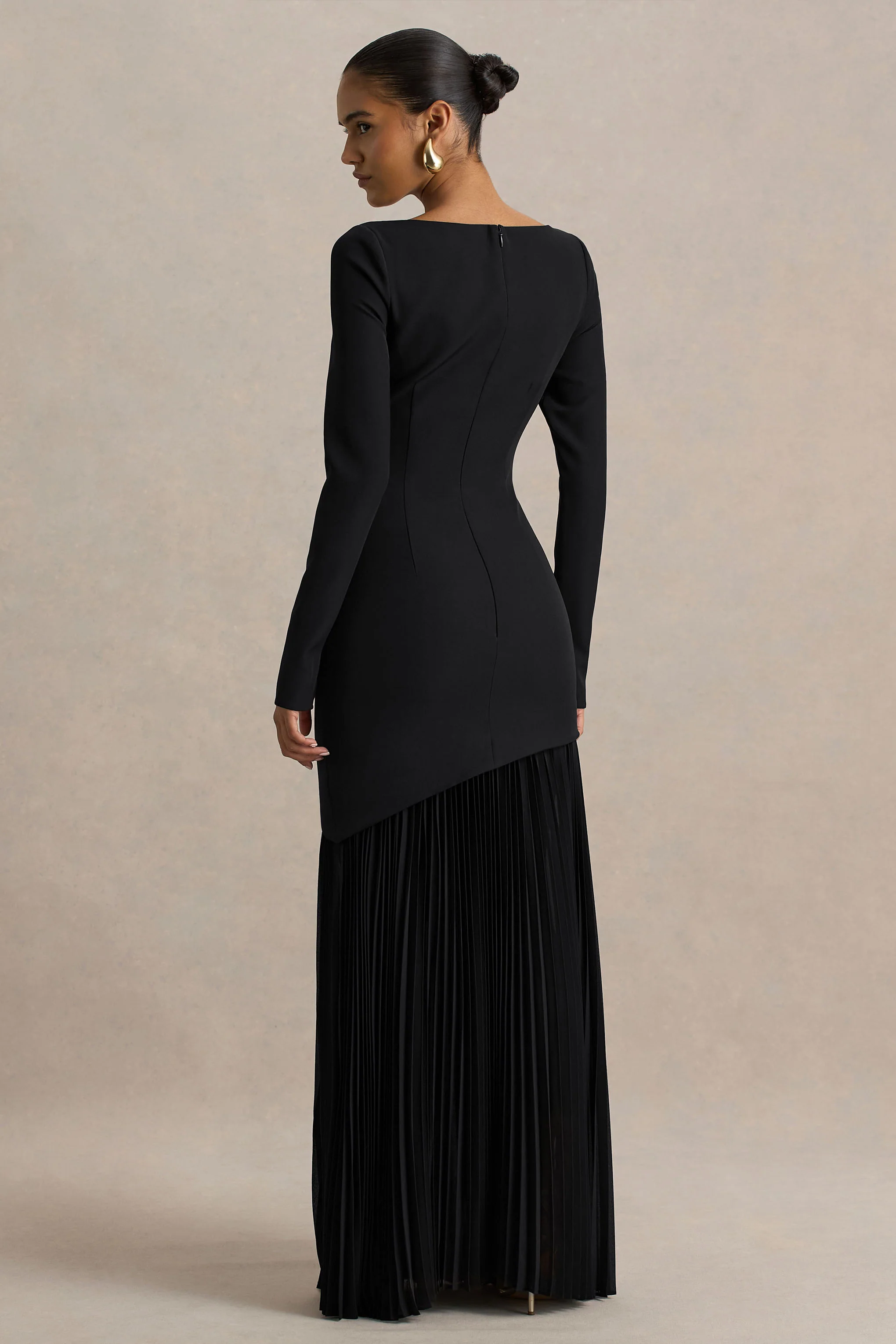 Yanira | Black Crepe And Georgette Crew-Neck Maxi Dress With Drop Waist