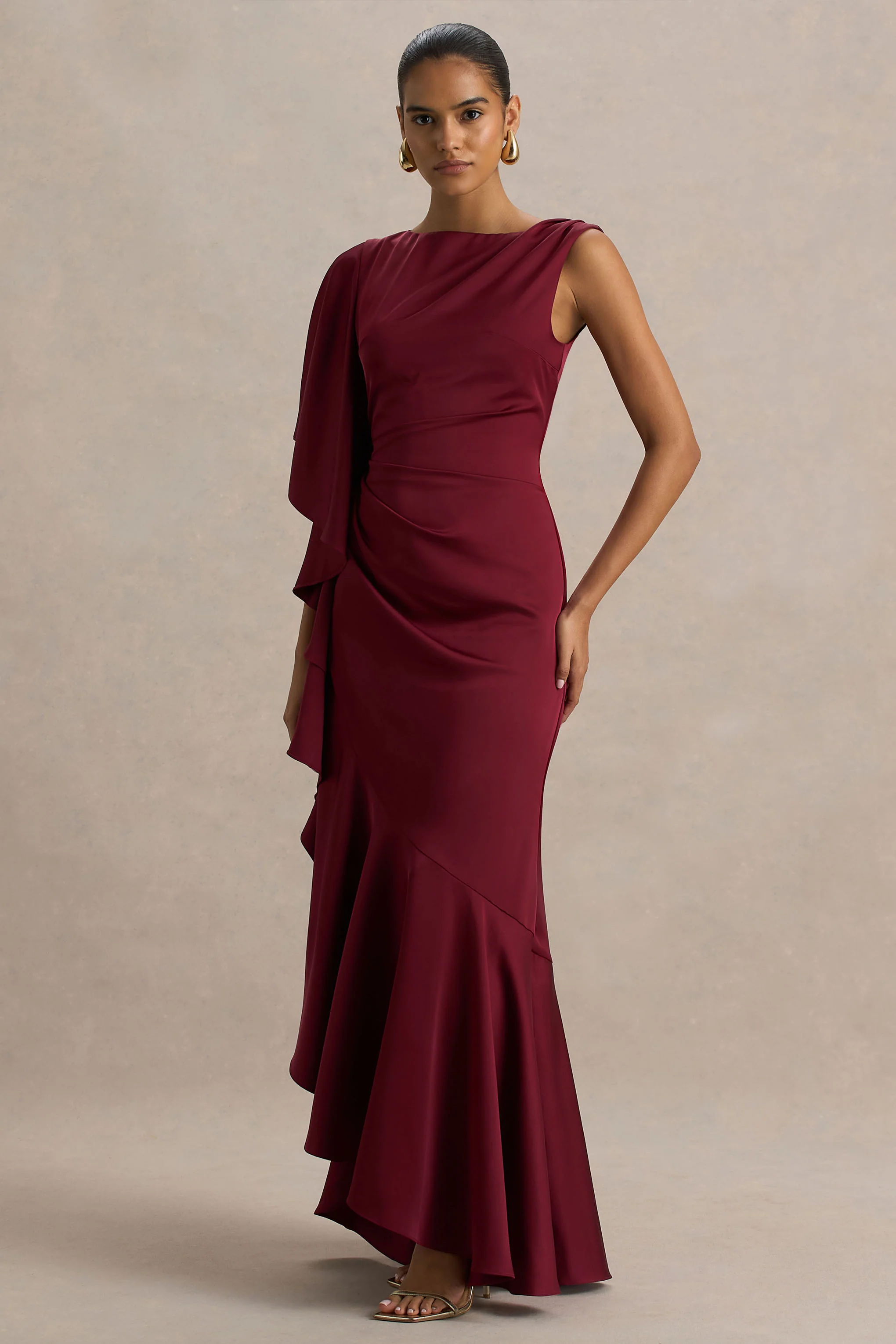 Freya | Burgundy Satin Boat-Neck Maxi Dress With Front Split And Ruched Detailing
