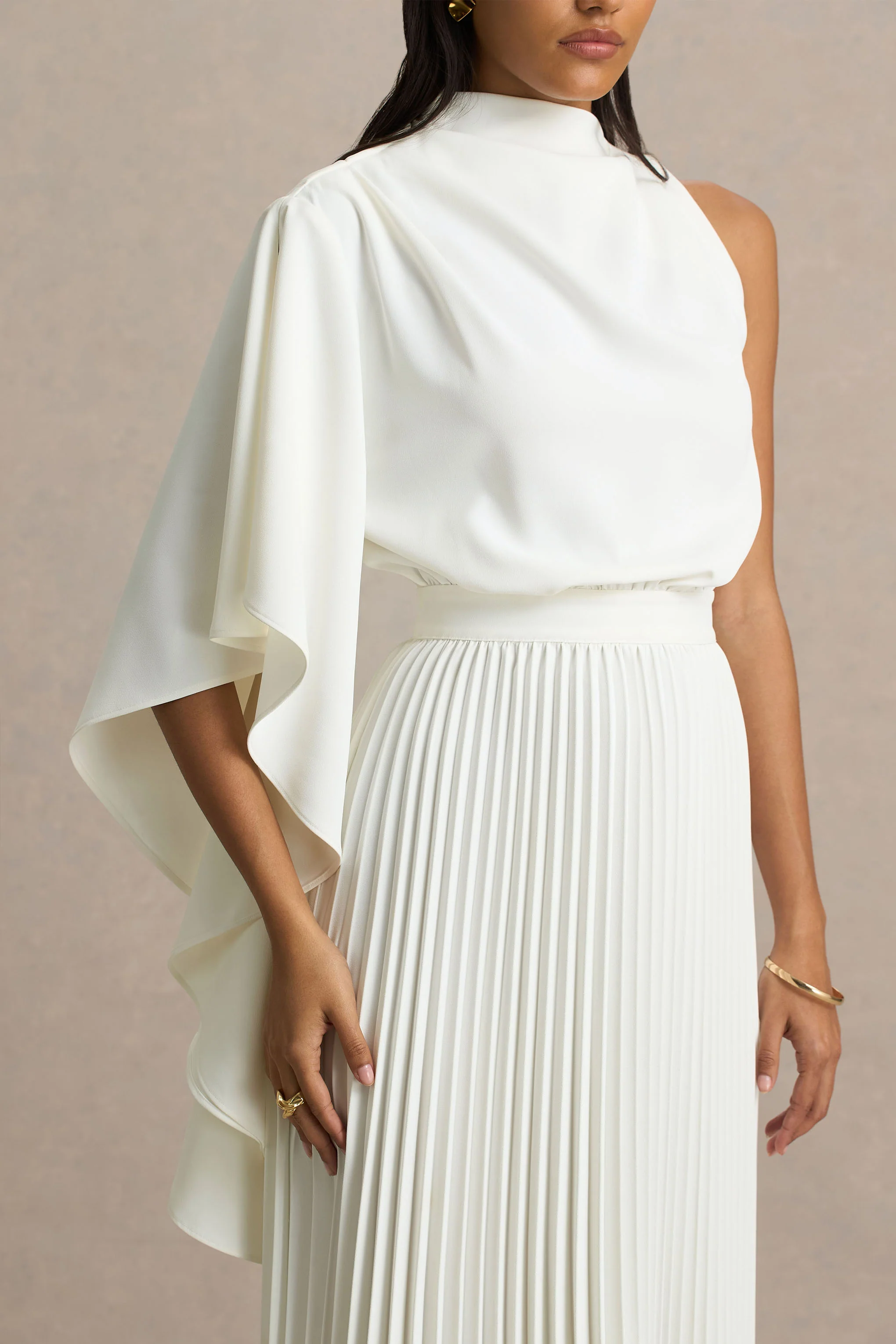 14689-jimena-cream-high-neck-midi-dress-with-one-long-sleeve-and-pleated-detailing-1.webp