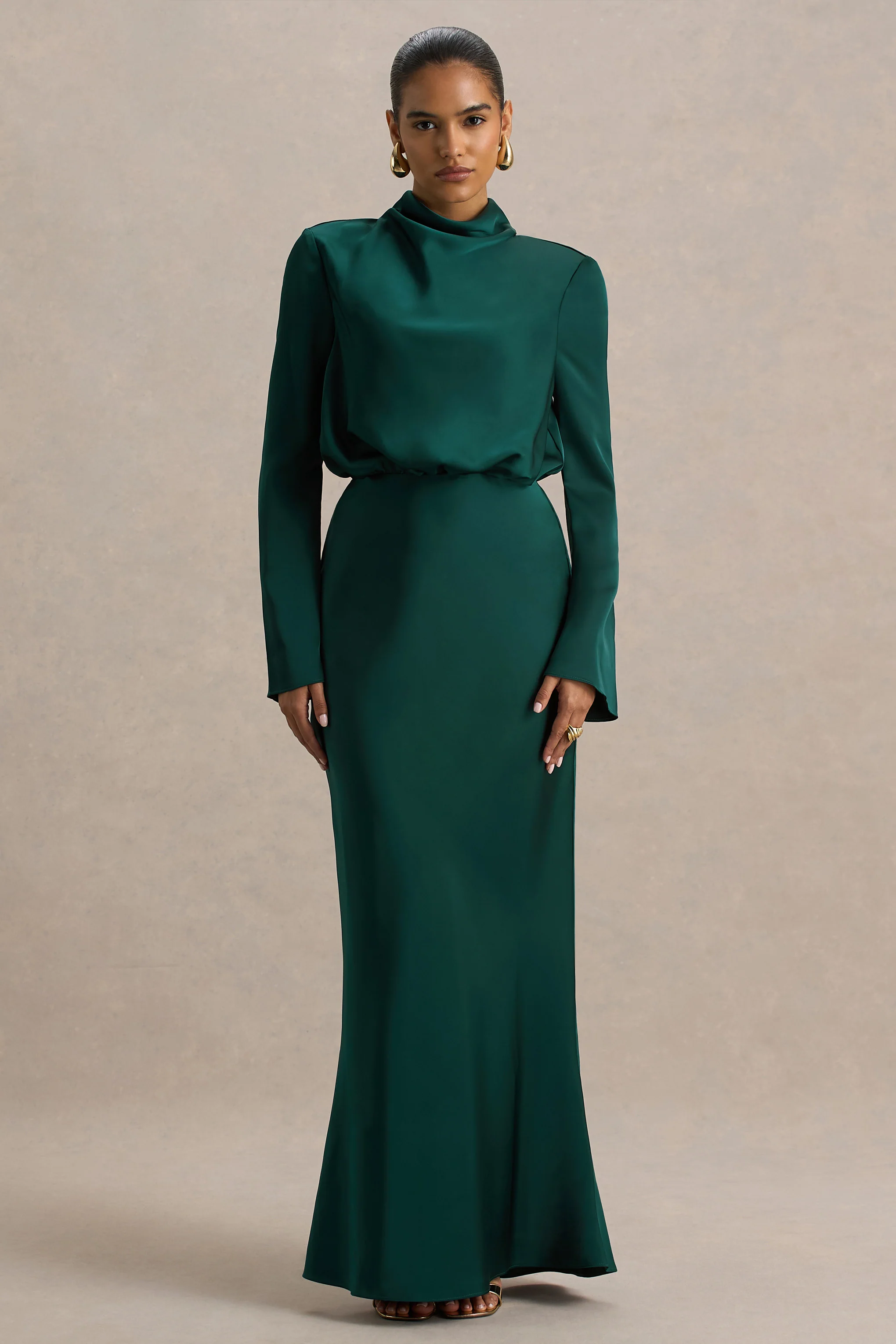 Celina | Bottle Green Satin High-Neck Maxi Dress