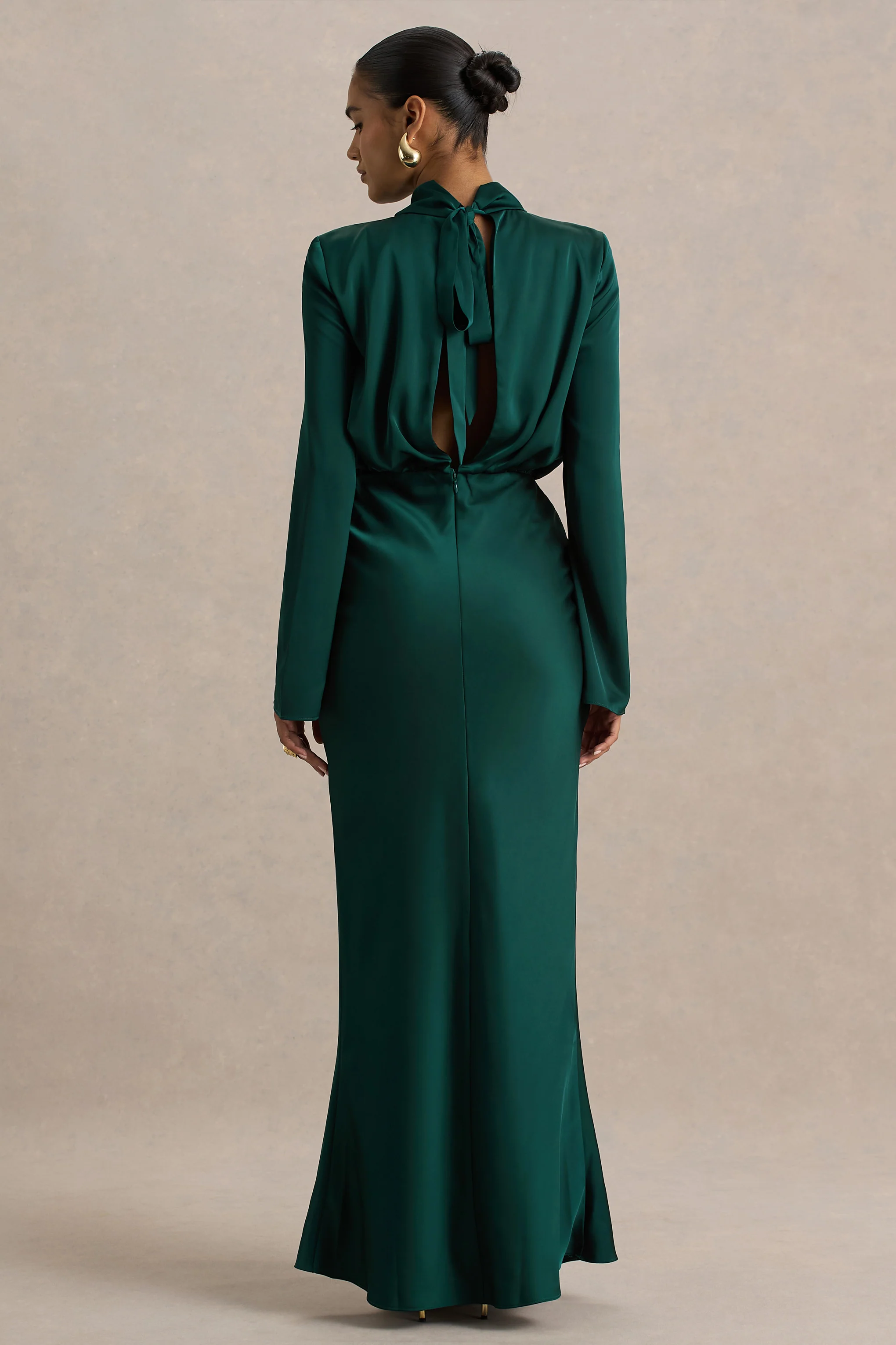 Celina | Bottle Green Satin High-Neck Maxi Dress