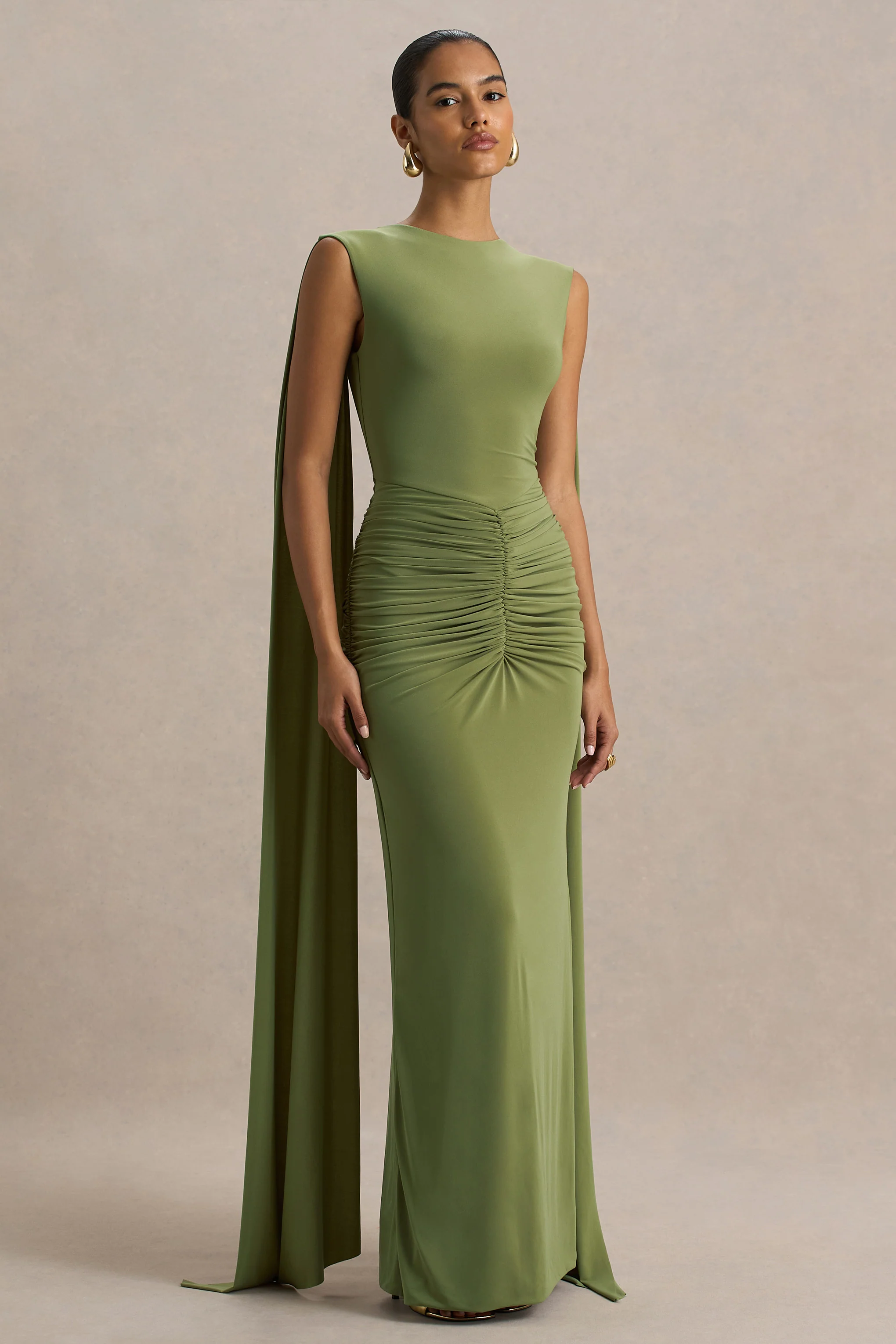 Premiere | Olive Boat-Neck Maxi Dress With Cape-Sleeves And Open-Back