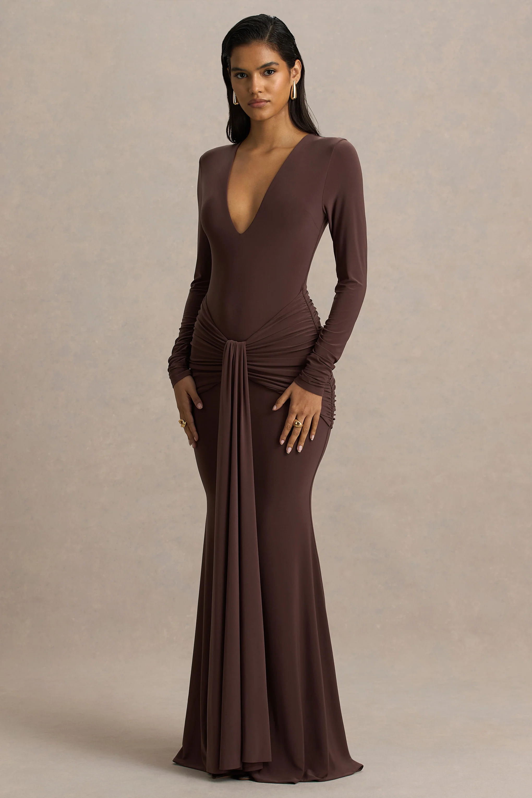 14855-saffie-chocolate-extreme-plunge-wrap-maxi-dress-with-long-sleeves-and-ruched-detailing-1.webp