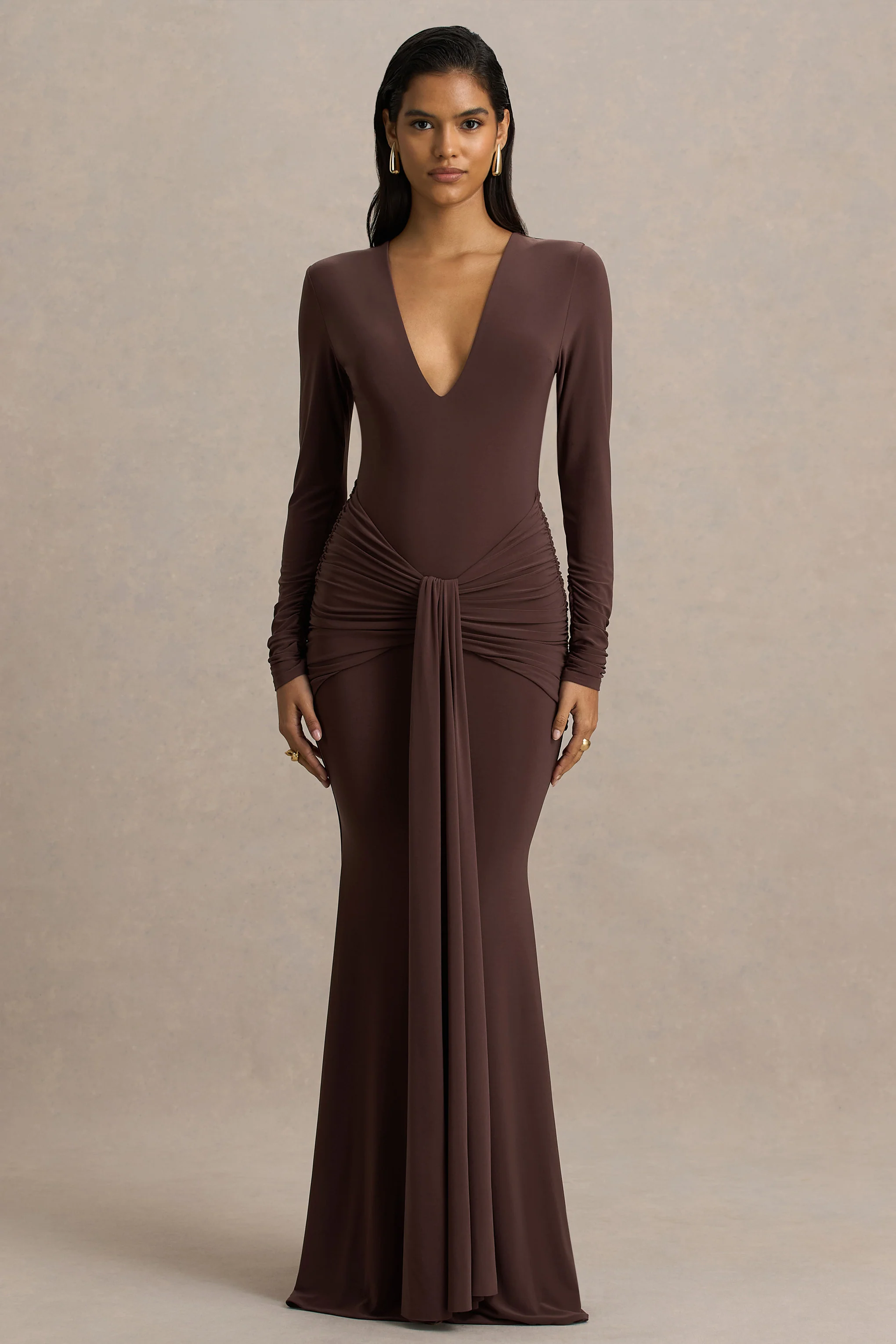 14855-saffie-chocolate-extreme-plunge-wrap-maxi-dress-with-long-sleeves-and-ruched-detailing-1.webp