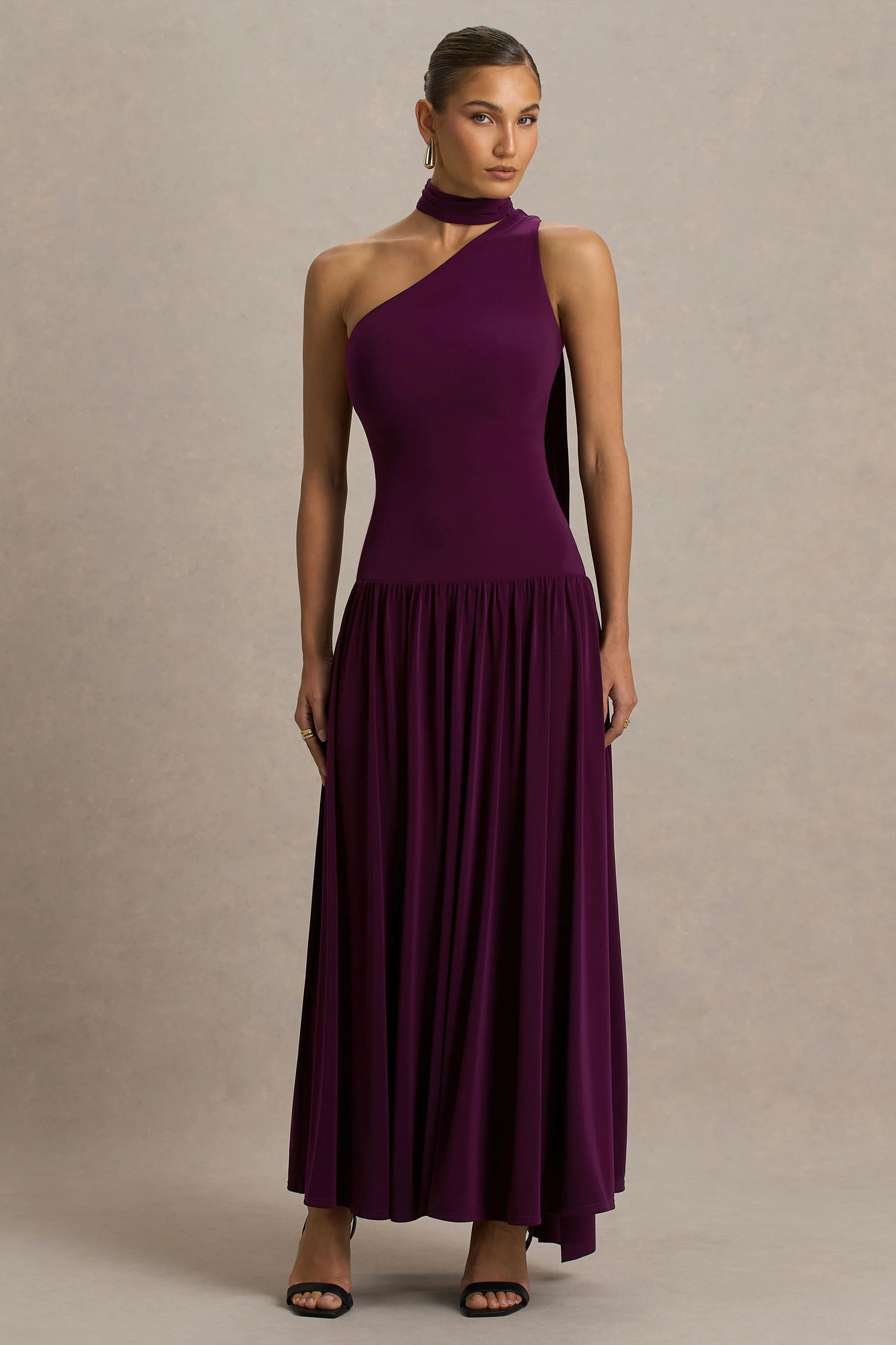 Freesia | Plum Asymmetric-Neck Maxi Dress With Scarf-Detail