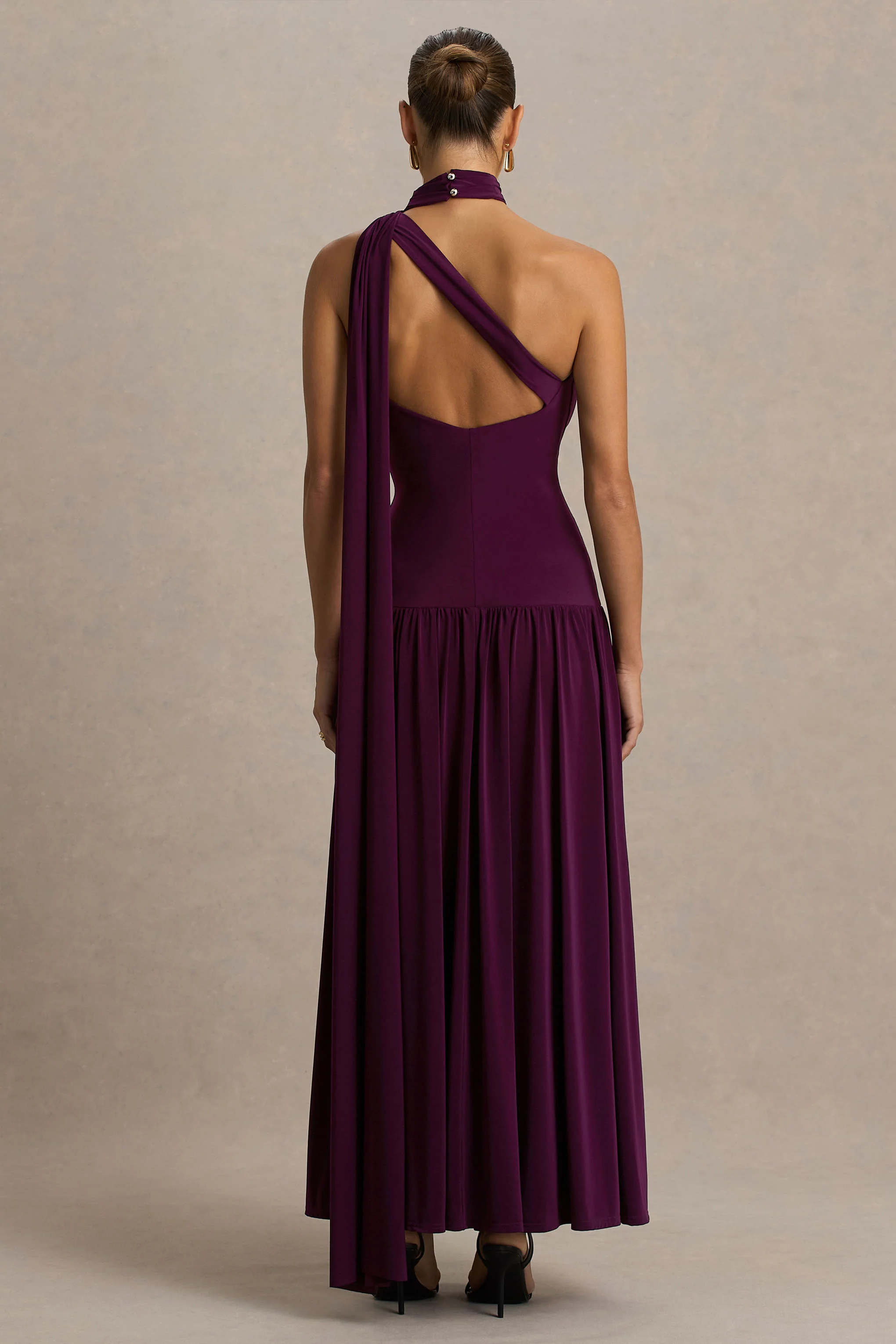 Freesia | Plum Asymmetric-Neck Maxi Dress With Scarf-Detail