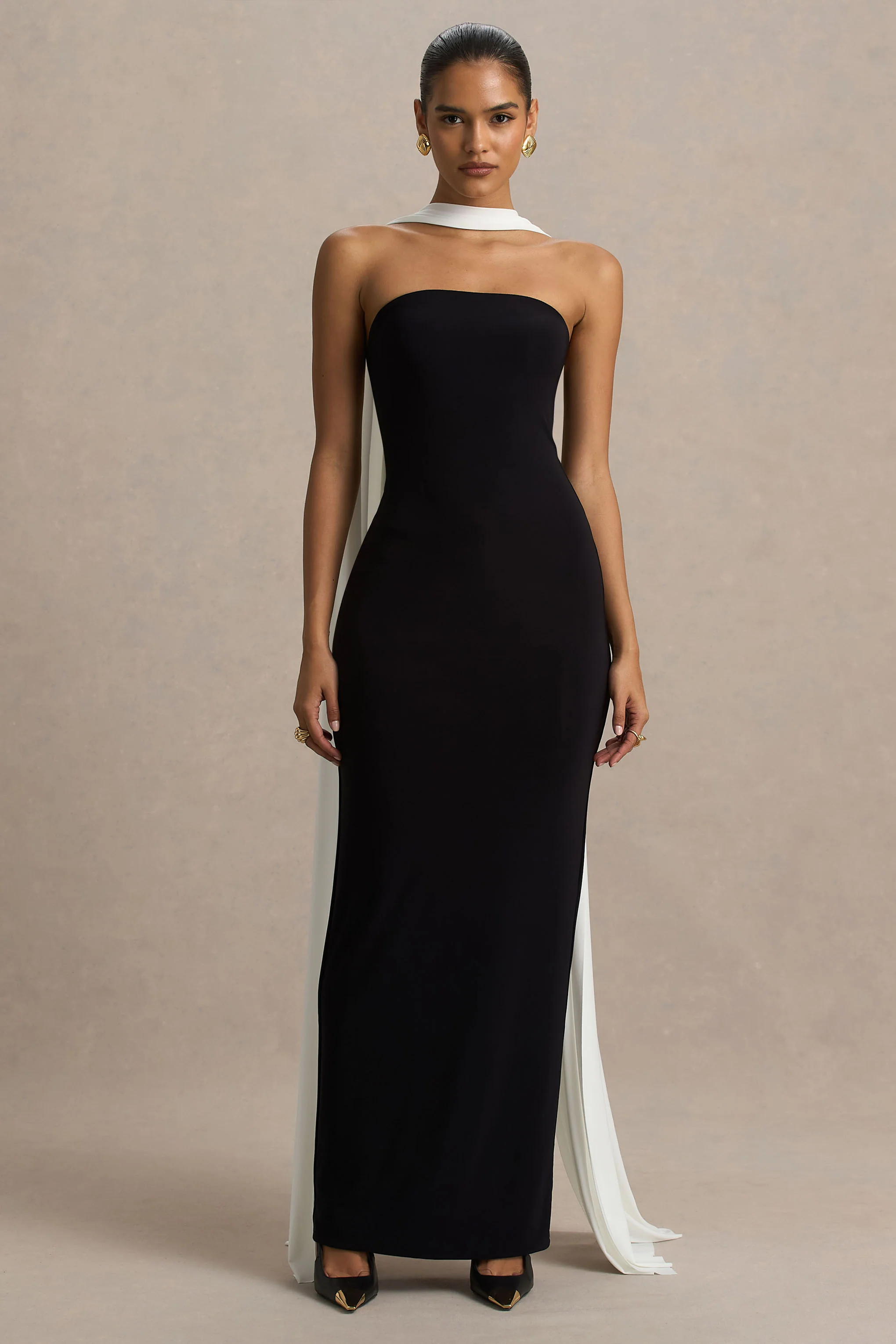 Kelilah | Black And White Bandeau Maxi Dress With Scarf