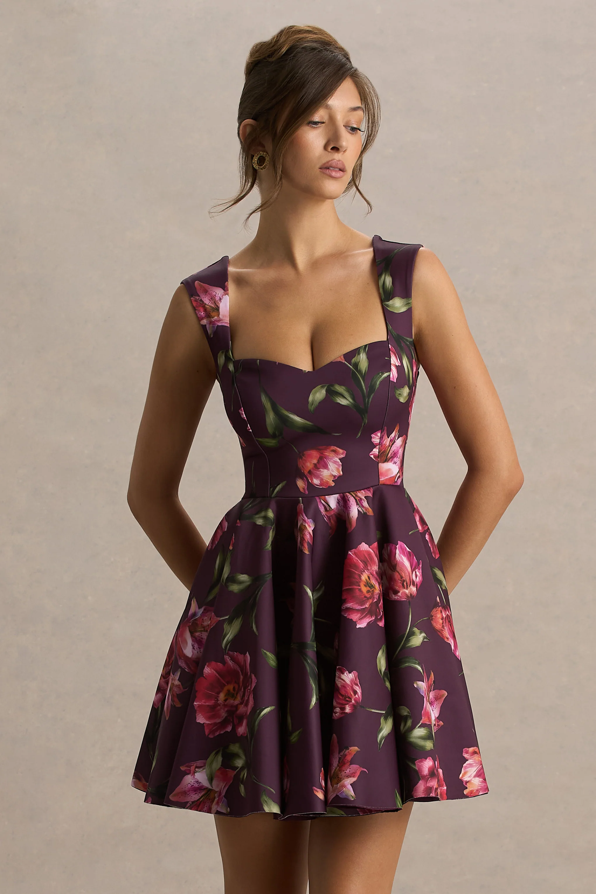 Magic | Burgundy Floral Print Sweetheart-Neck Mini Dress