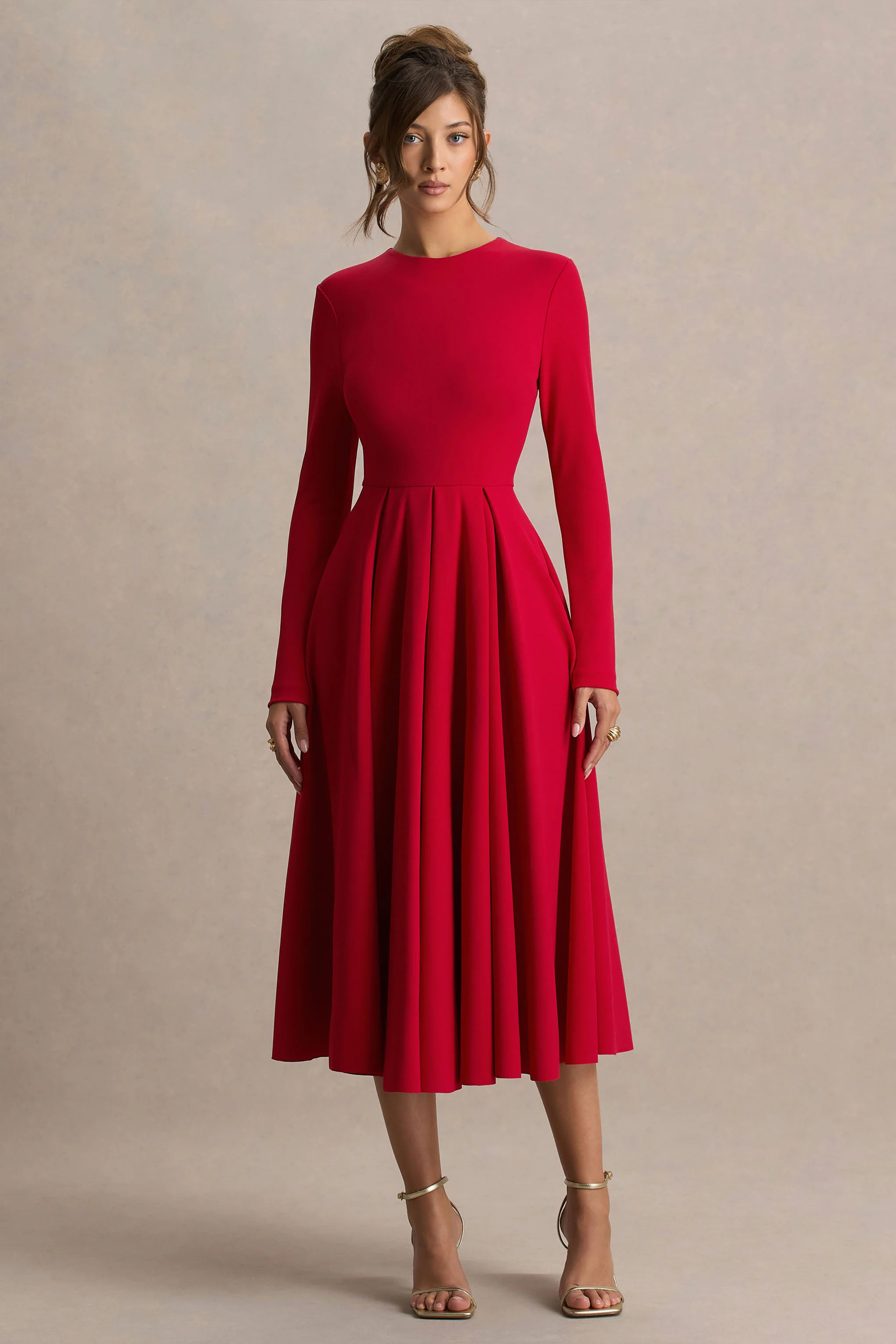 Bellamy | Red Crew-Neck Long-Sleeve Midi Dress