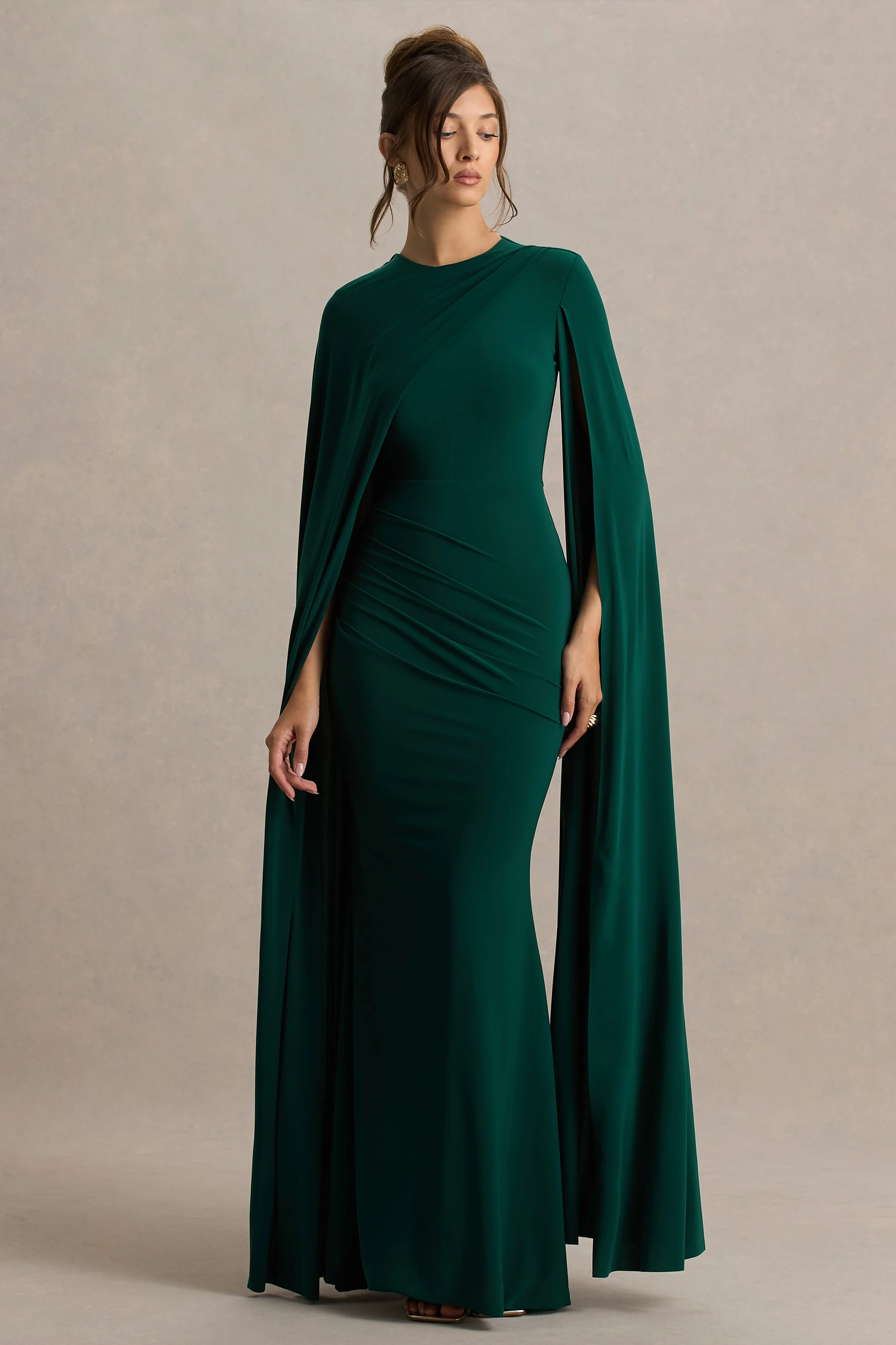 Magdelena | Bottle Green Asymmetric Cape Maxi Dress