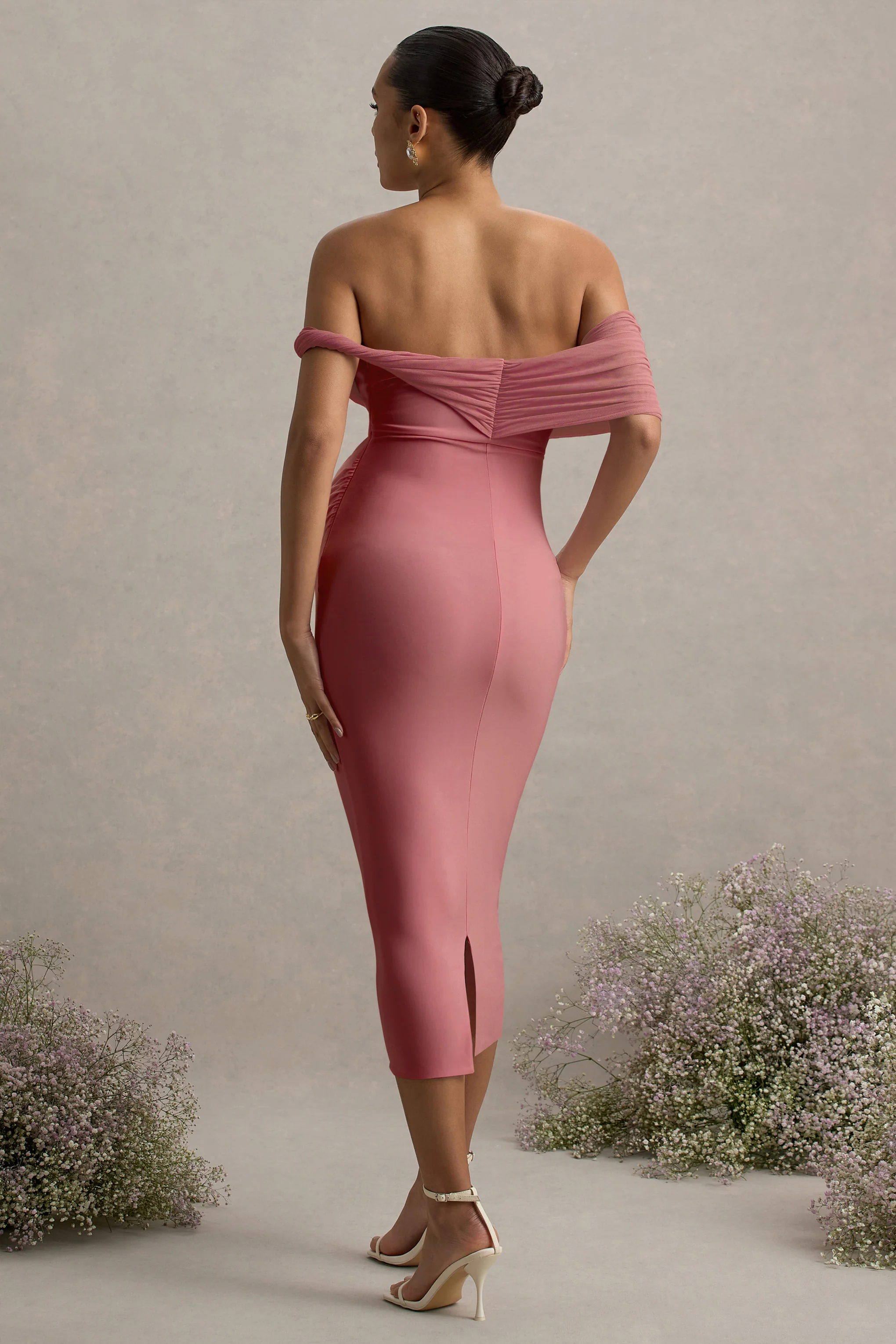 Jen | Pink Bardot Twisted Maternity Midi Dress