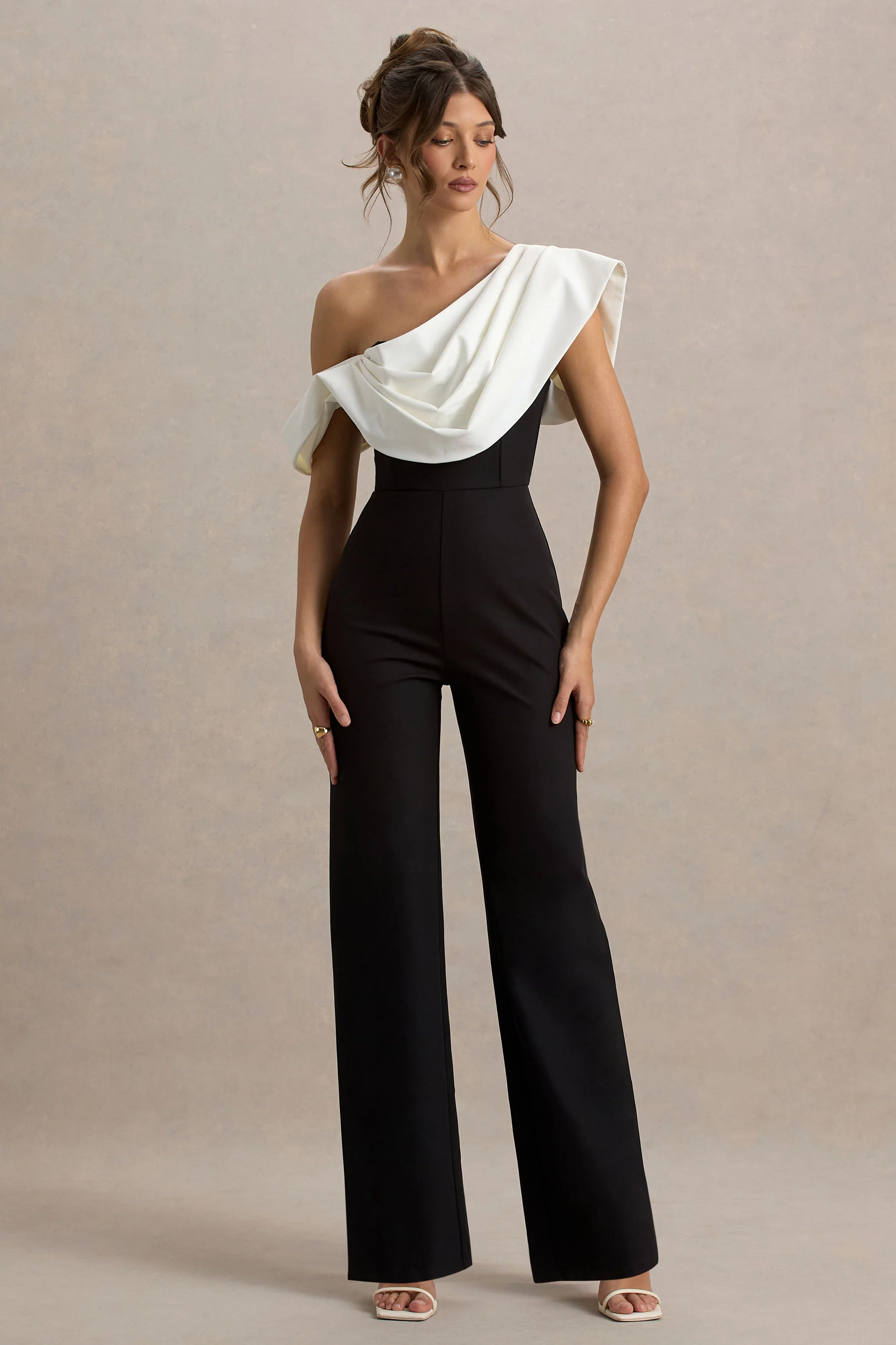 Falling For You | Black & White Asymmetric Draped Jumpsuit
