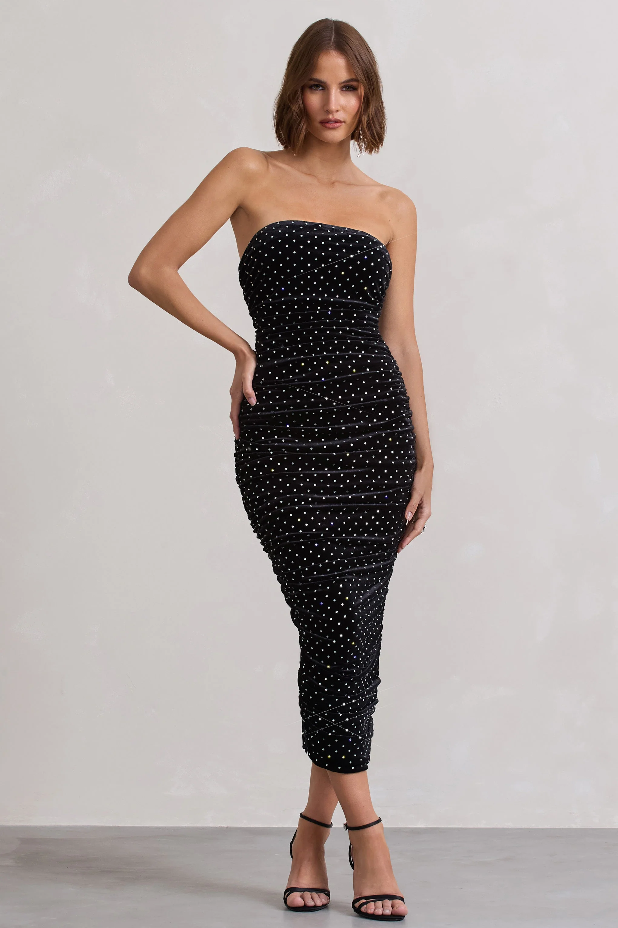 In A Daze | Black Bodycon Embellished Strapless Midi Dress