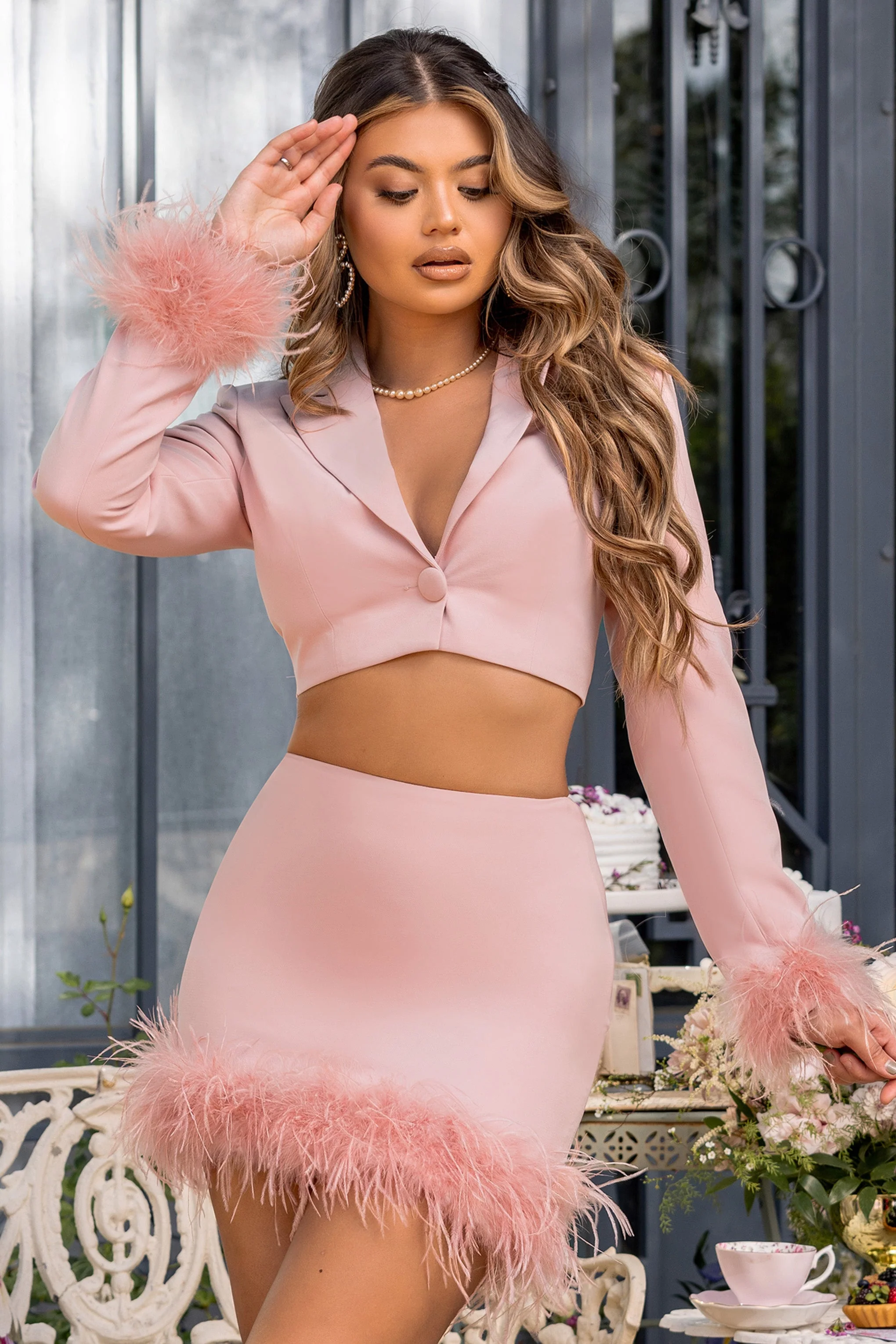 19586-tempting-pink-cropped-blazer-with-feather-trim-on-sleeve-cuff-1.webp