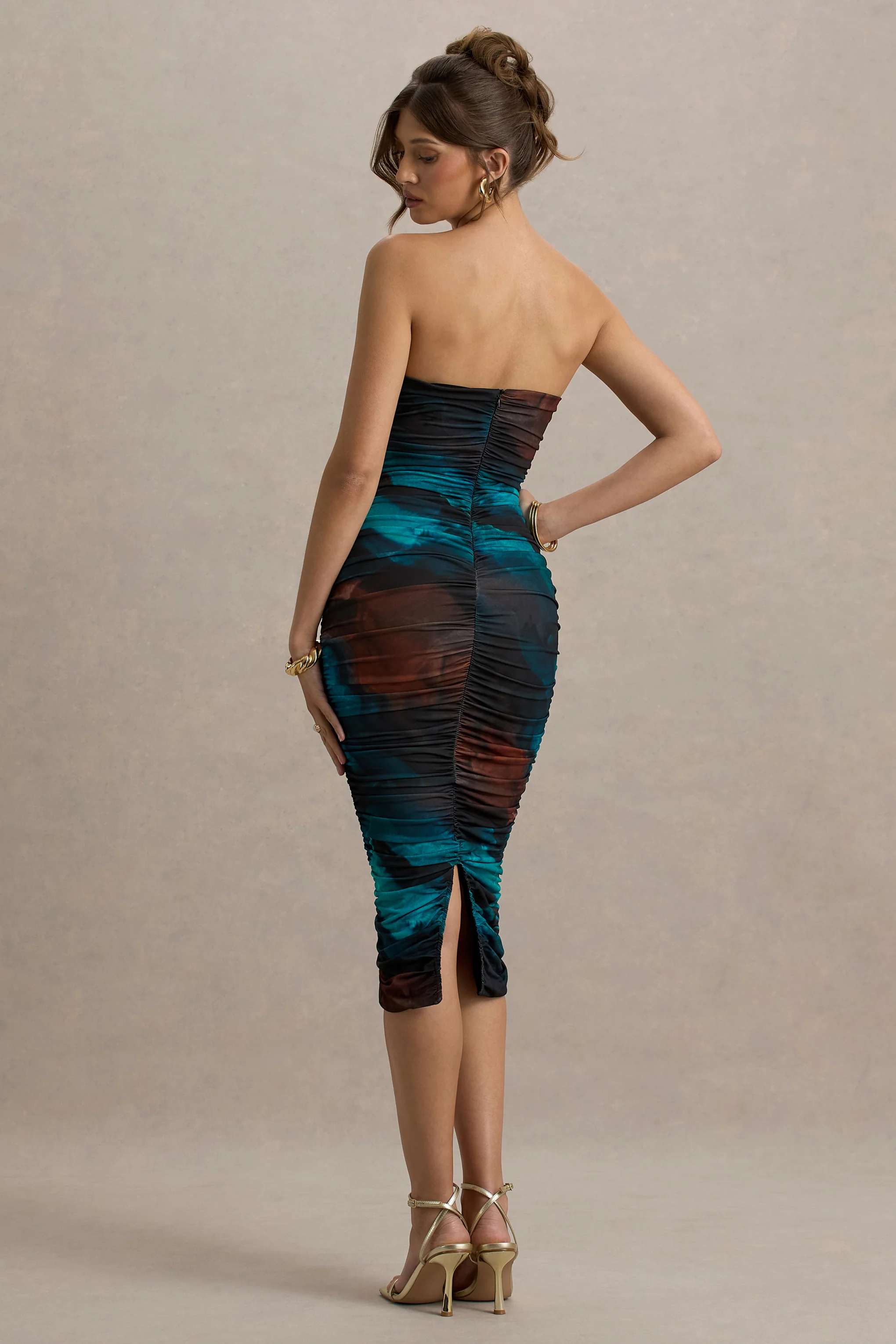 My Girl | Blue Print Strapless Bodycon Ruched Mesh Midi Dress