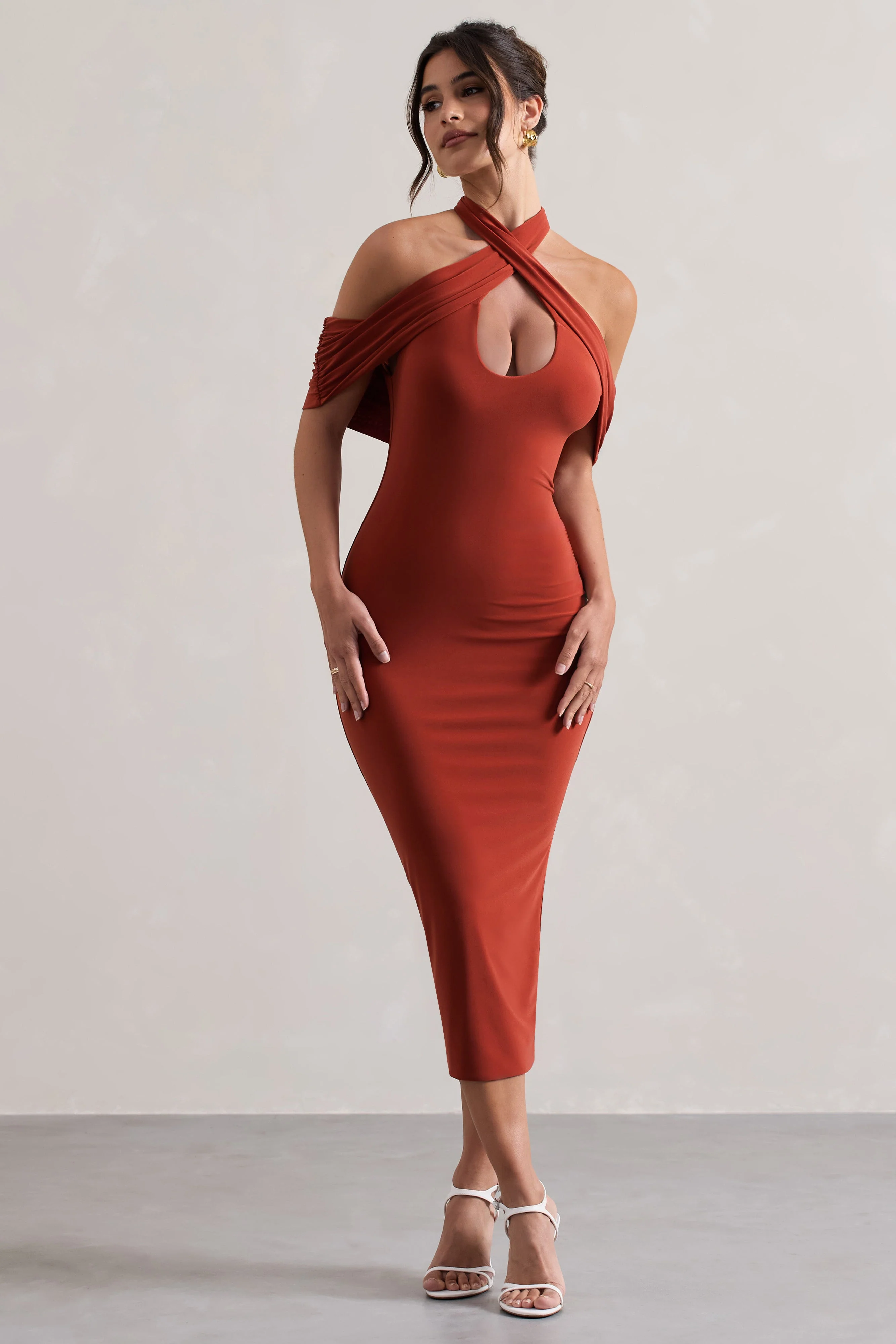 2108-connect-terracotta-bodycon-halter-neck-midi-dress-with-cut-out-1.webp