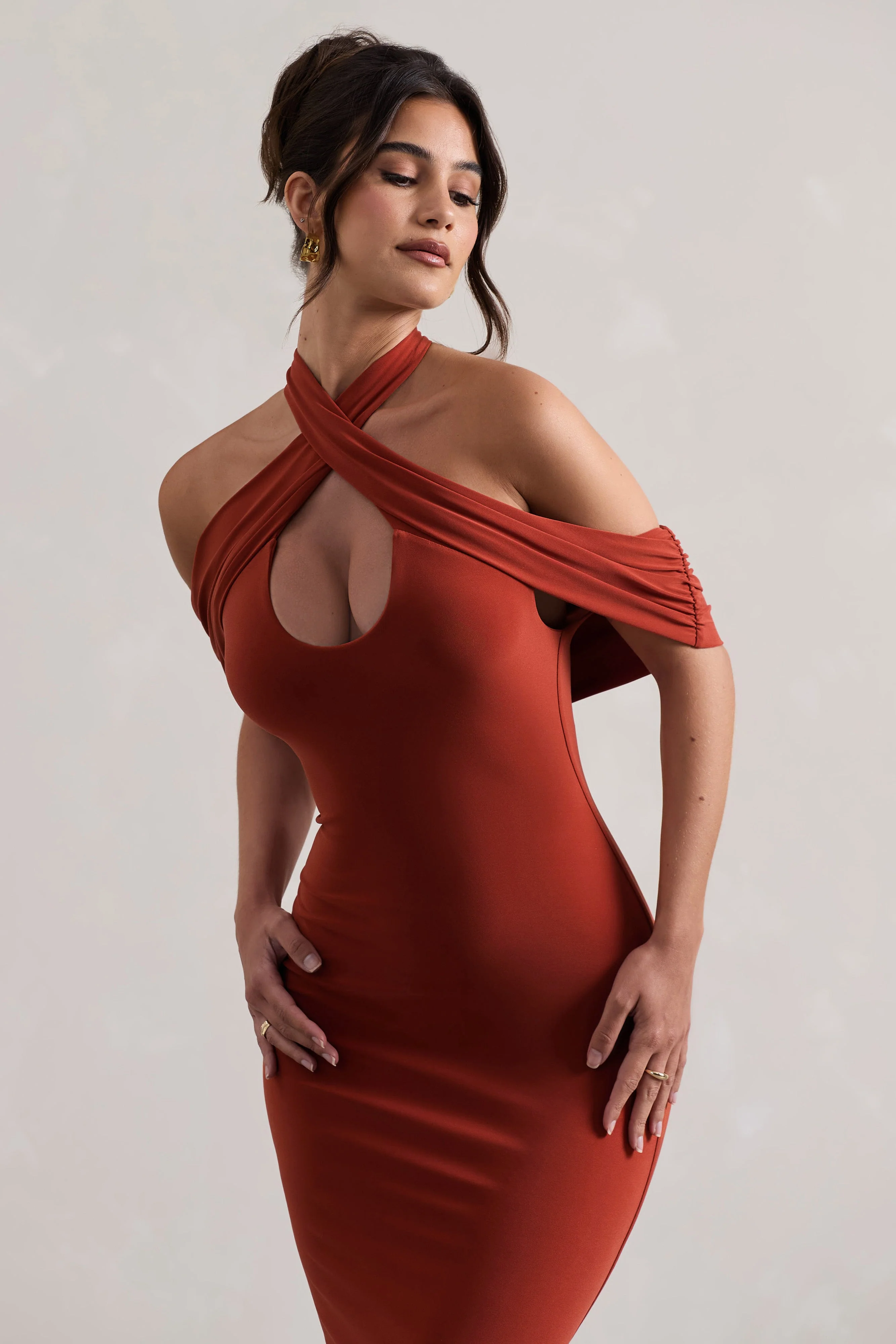 2108-connect-terracotta-bodycon-halter-neck-midi-dress-with-cut-out-1.webp
