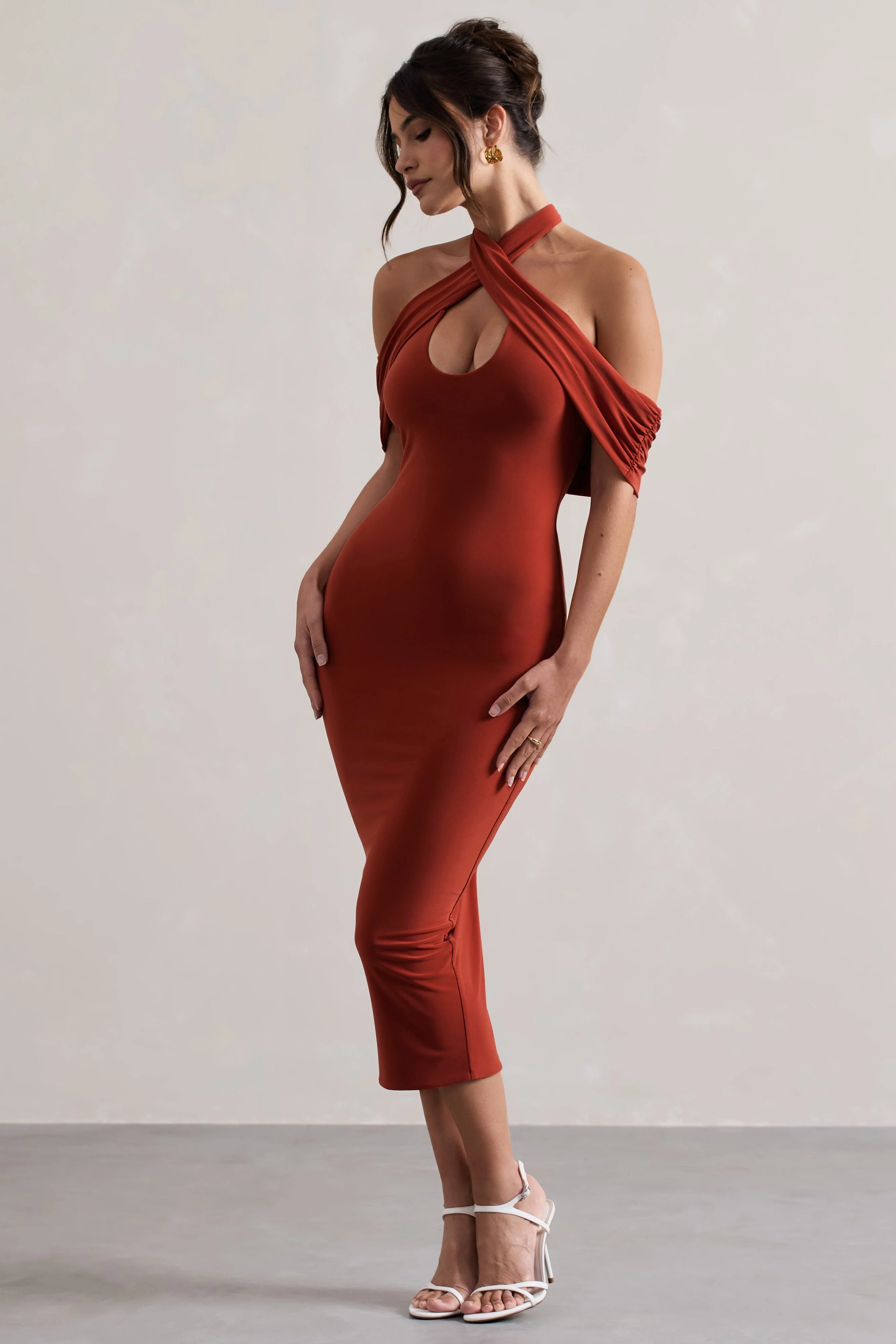 2108-connect-terracotta-bodycon-halter-neck-midi-dress-with-cut-out-1.webp