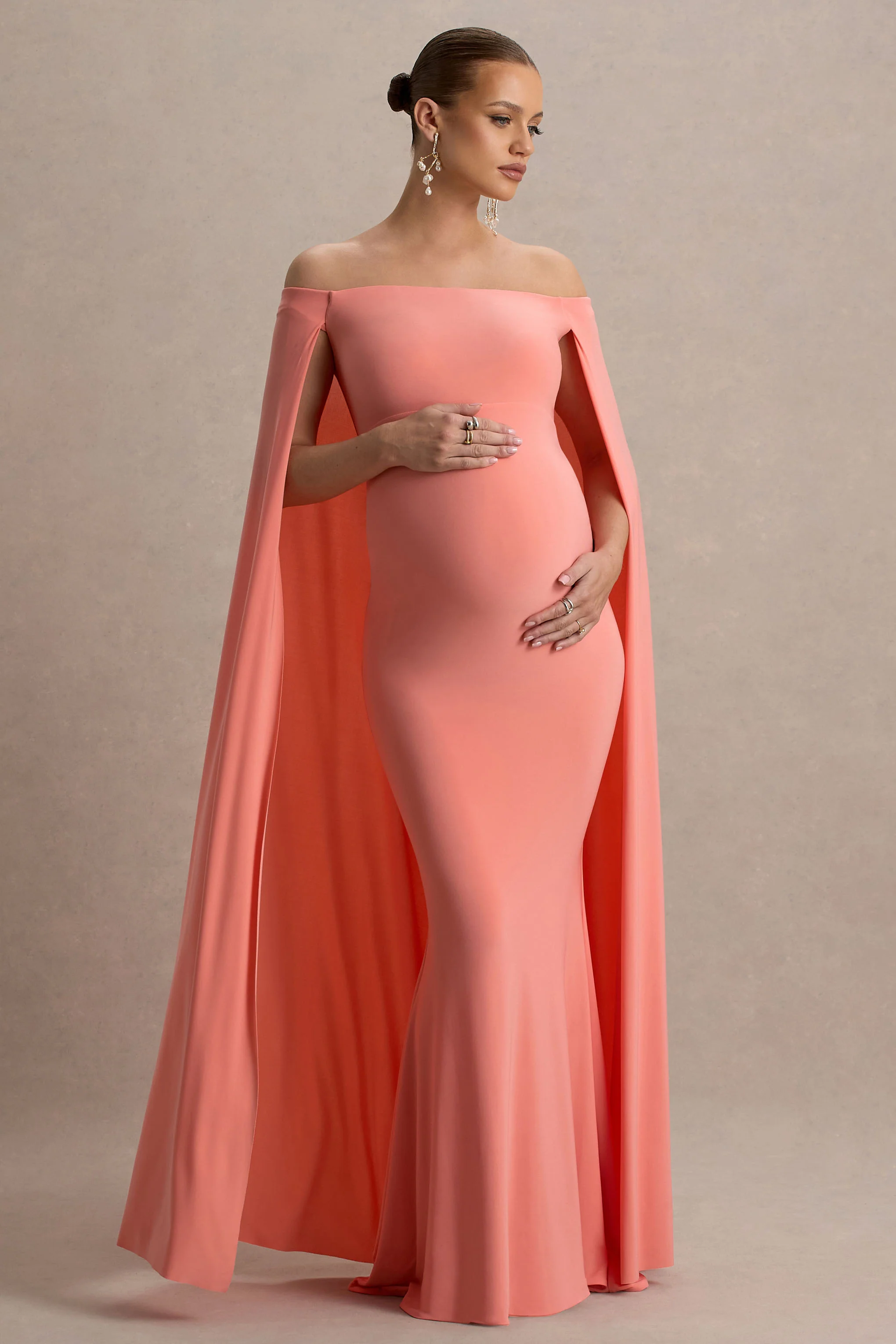 23353-radiance-coral-bardot-maternity-maxi-dress-with-cape-1.webp