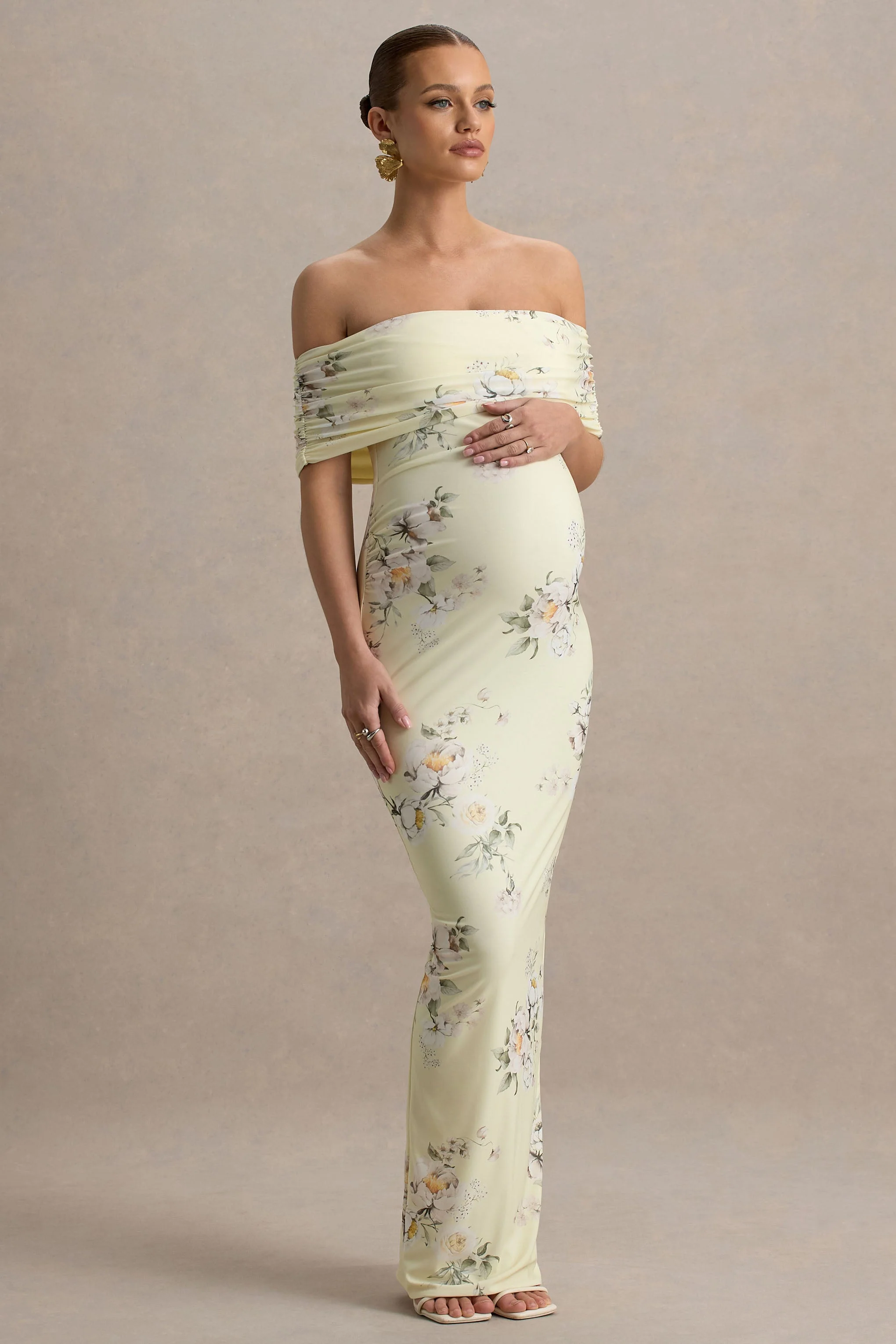 23653-cindy-lemon-floral-bouquet-print-bardot-neck-maternity-maxi-dress-with-ruched-detail-1.webp