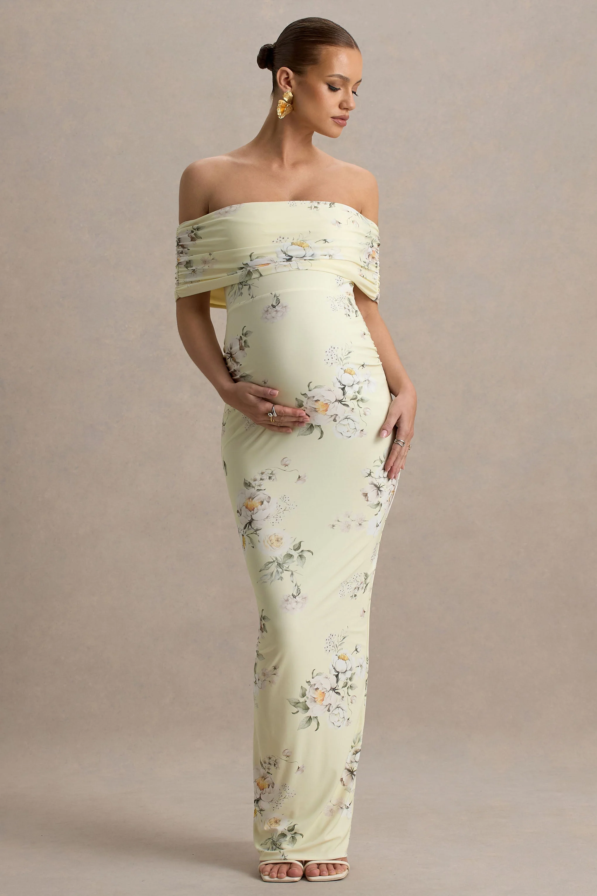 23653-cindy-lemon-floral-bouquet-print-bardot-neck-maternity-maxi-dress-with-ruched-detail-1.webp