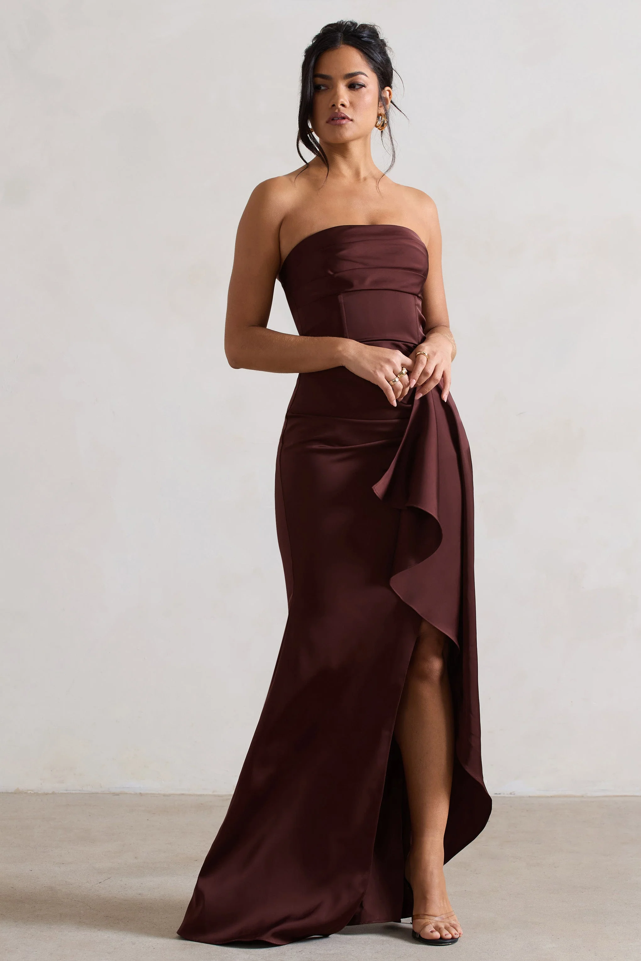 2381-ace-chocolate-brown-satin-bandeau-split-maxi-dress-with-ruffle-drape-1.webp