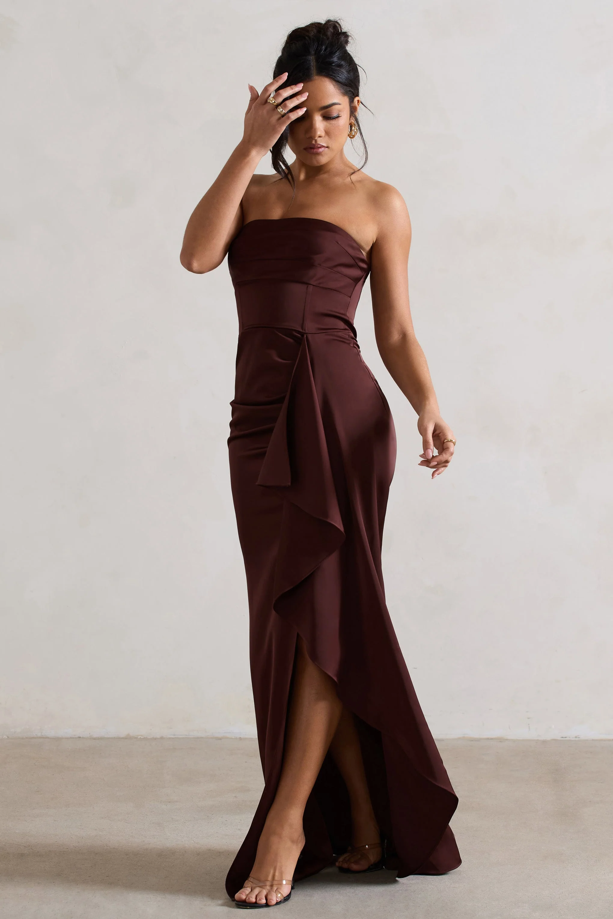 2381-ace-chocolate-brown-satin-bandeau-split-maxi-dress-with-ruffle-drape-1.webp