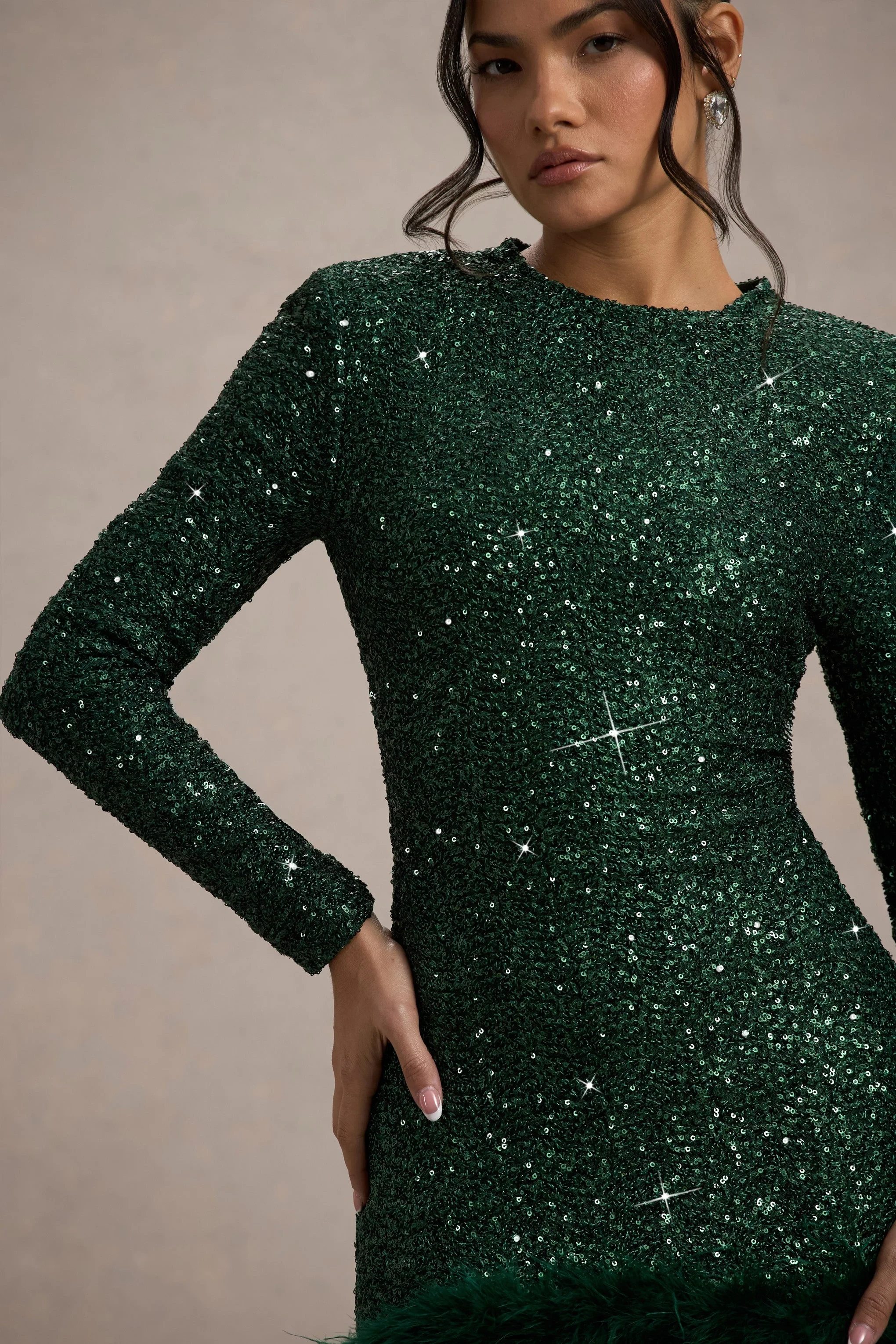 385-claudia-bottle-green-sequin-high-neck-feather-hem-mini-dress-with-long-sleeves-1.webp