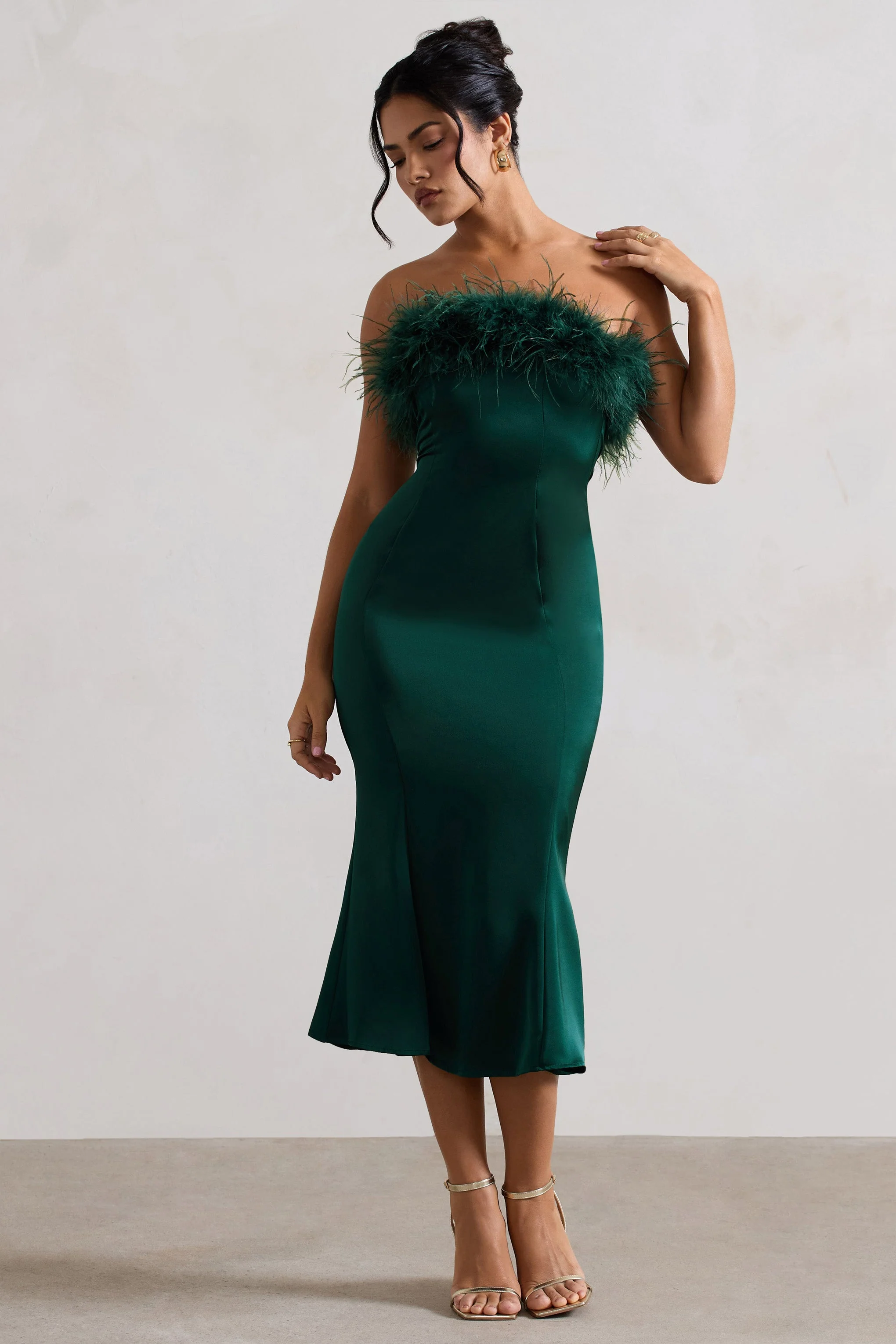 3999-one-and-only-bottle-green-satin-feather-trim-bandeau-midi-dress-1.webp
