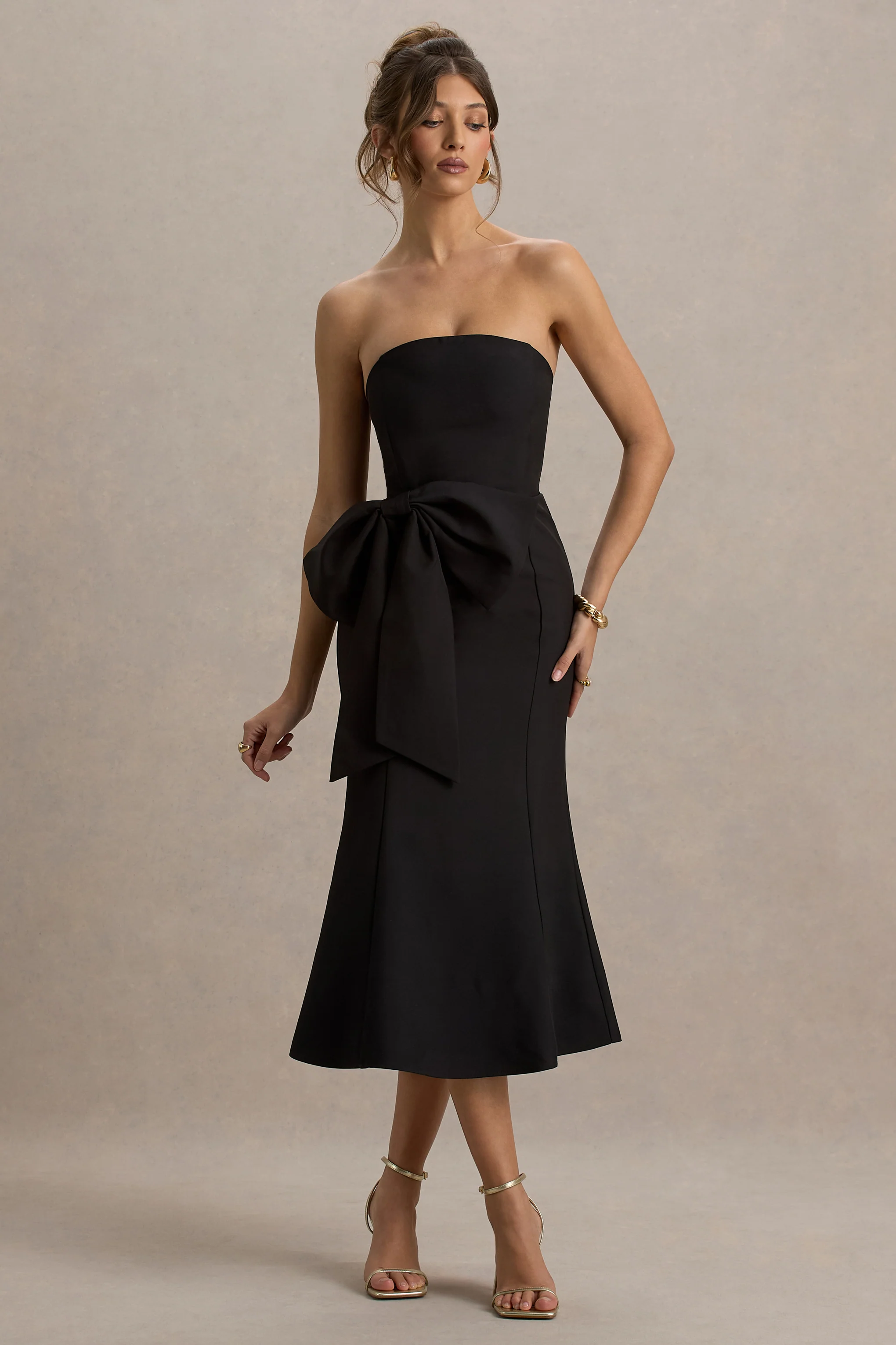 To Me | Black Bandeau Midi Dress With Oversized Bow