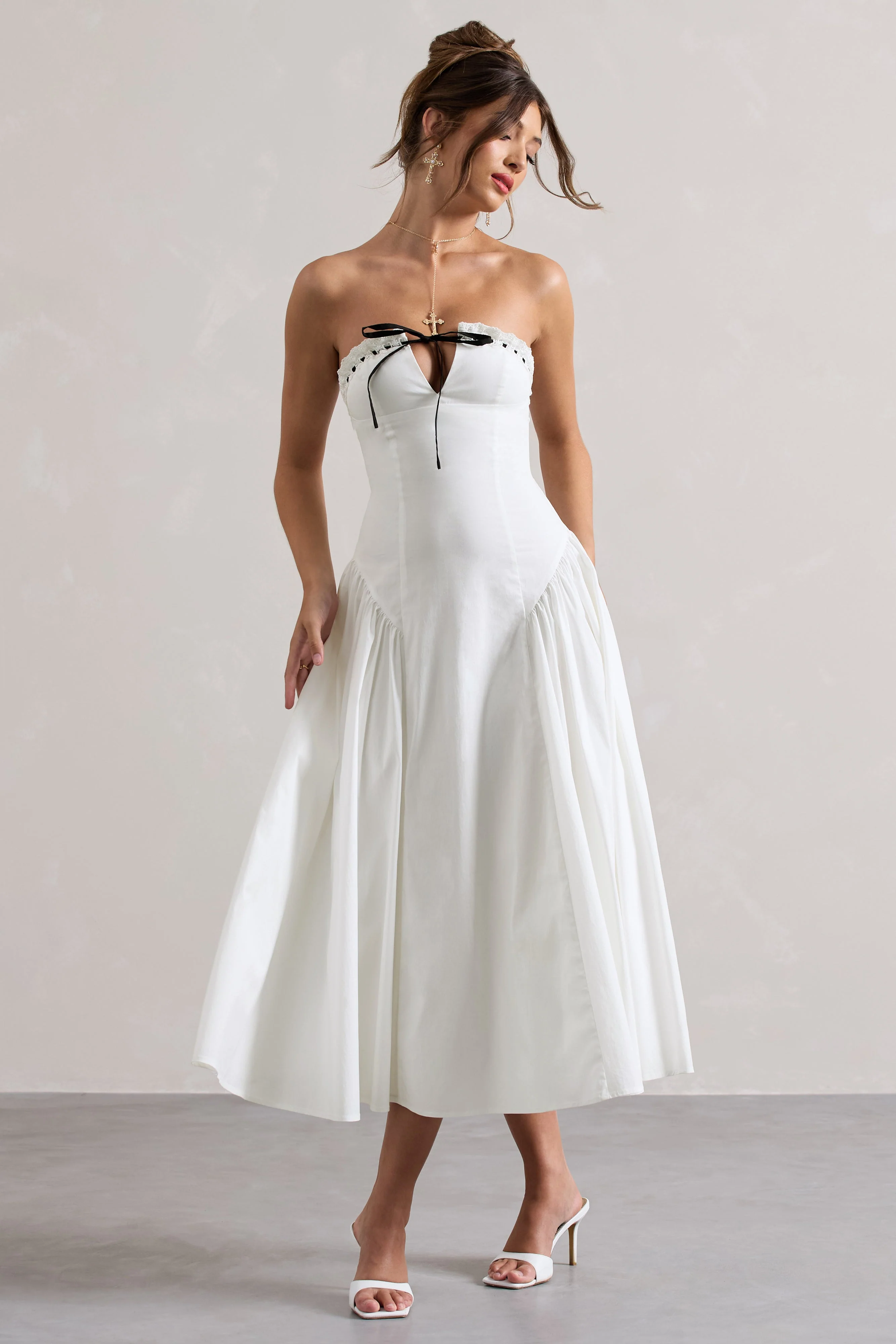 4843-serrenti-white-poplin-strapless-lace-detail-midi-dress-with-volume-skirt-1.webp