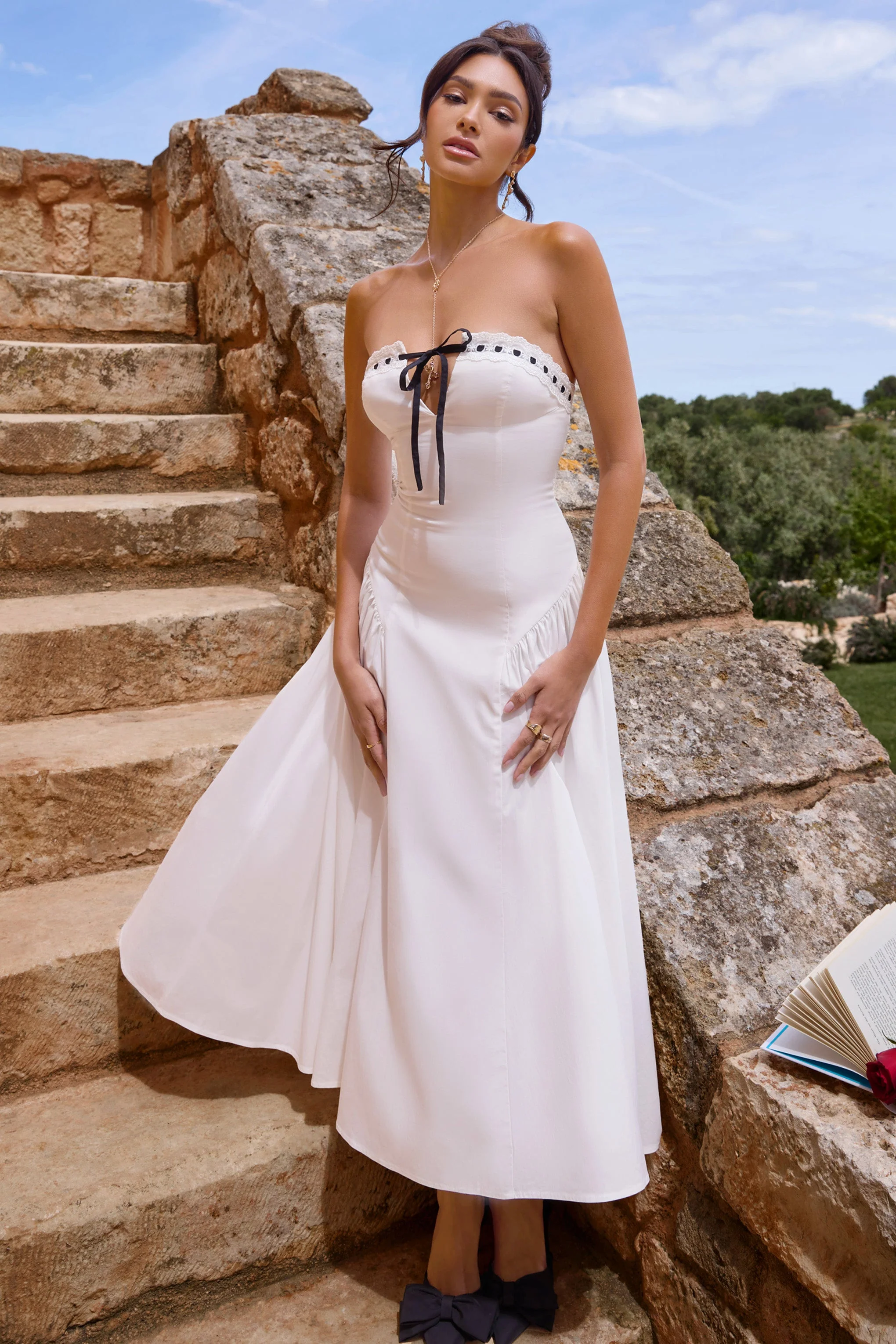 4843-serrenti-white-poplin-strapless-lace-detail-midi-dress-with-volume-skirt-1.webp