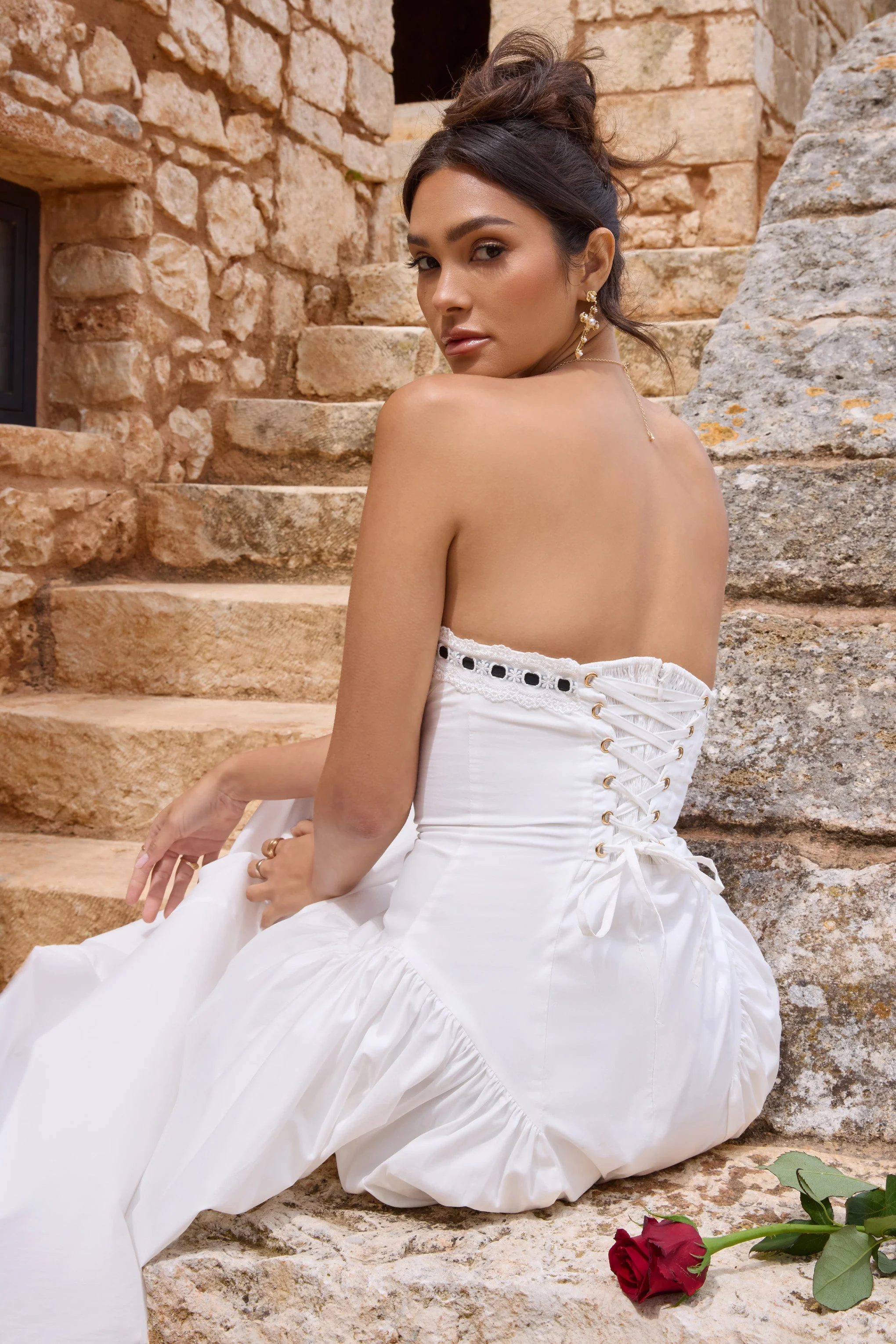 4843-serrenti-white-poplin-strapless-lace-detail-midi-dress-with-volume-skirt-1.webp