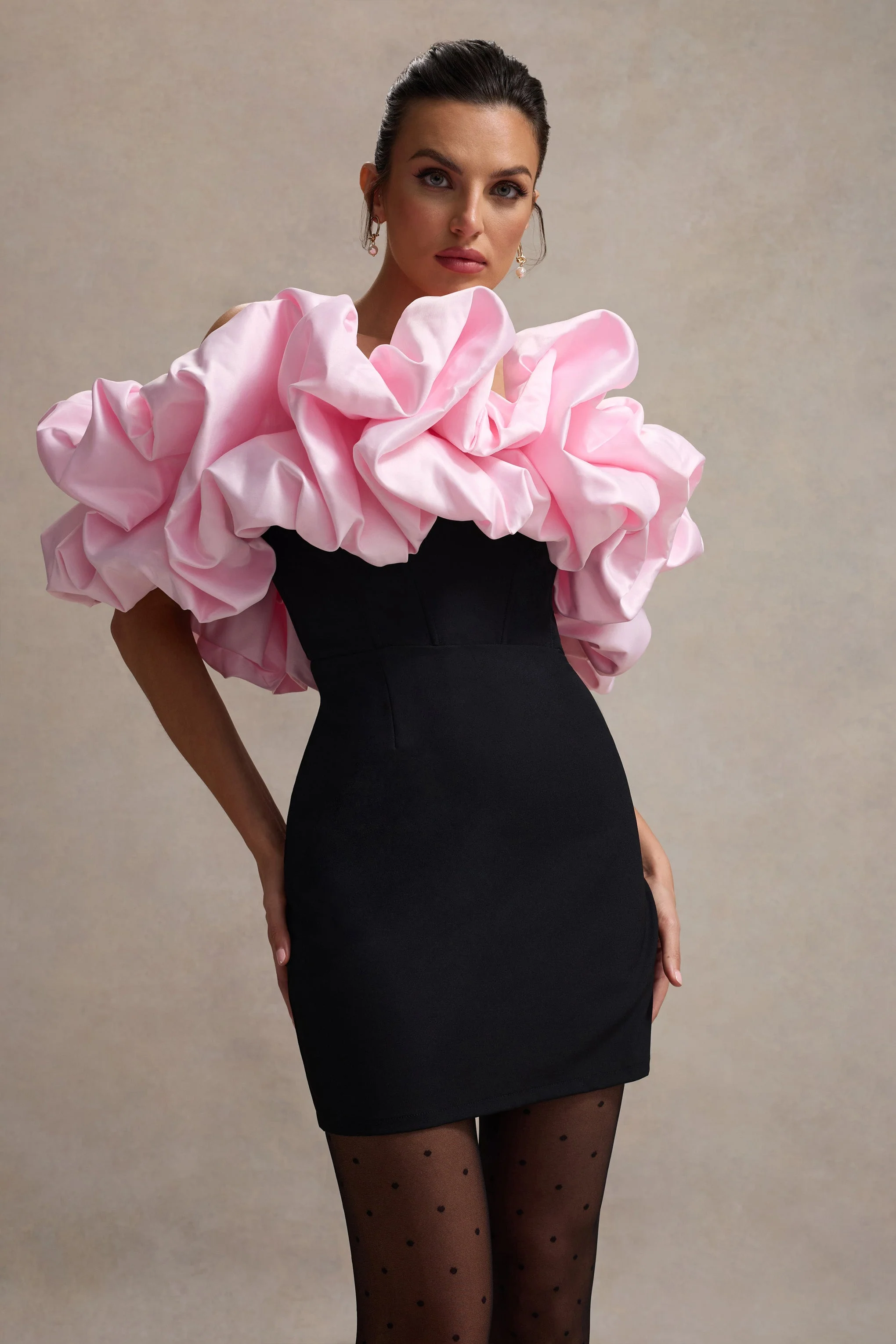 5228-macaron-black-bardot-mini-dress-with-pink-ruffle-trim-1.webp