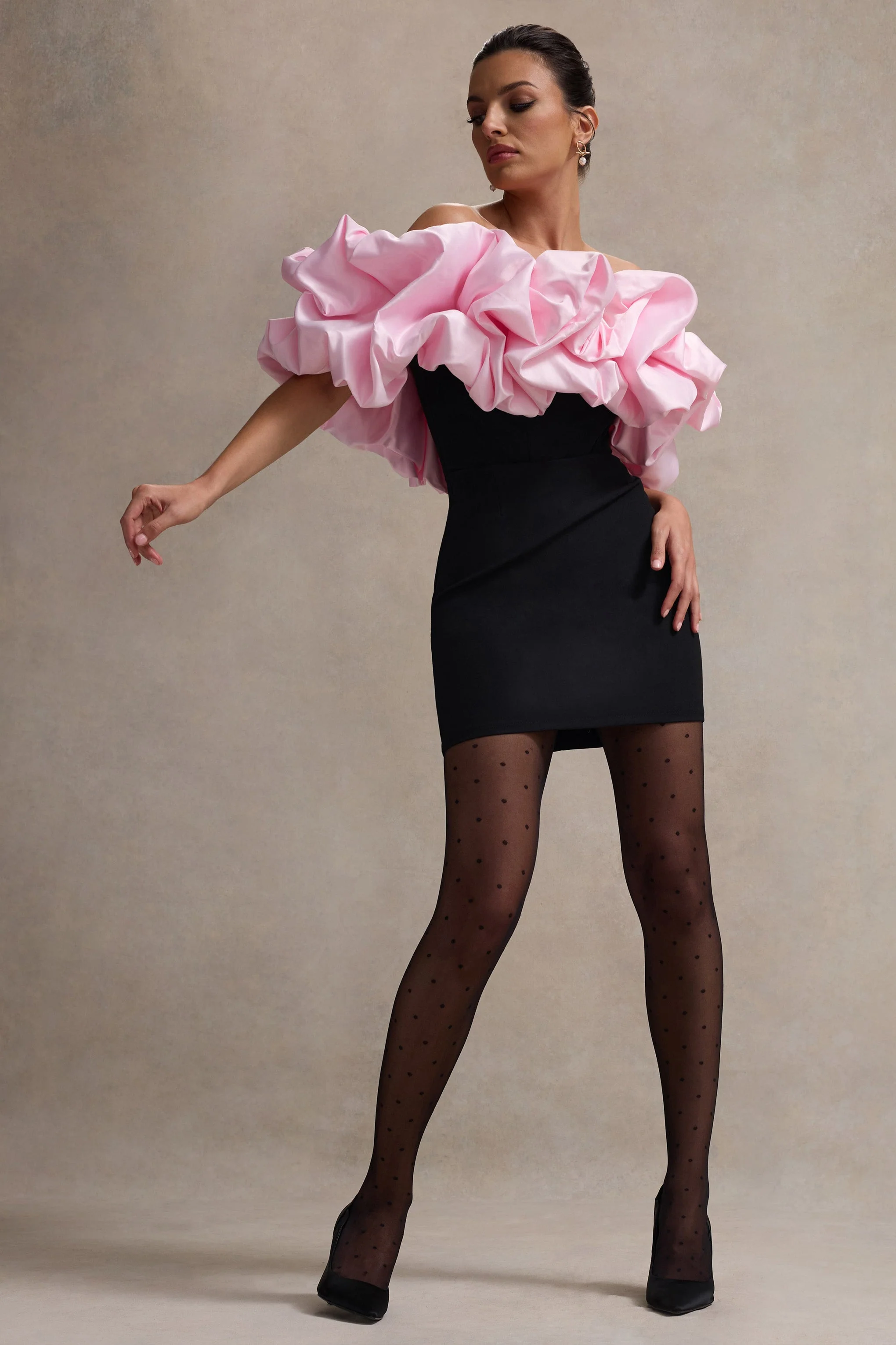 5228-macaron-black-bardot-mini-dress-with-pink-ruffle-trim-1.webp
