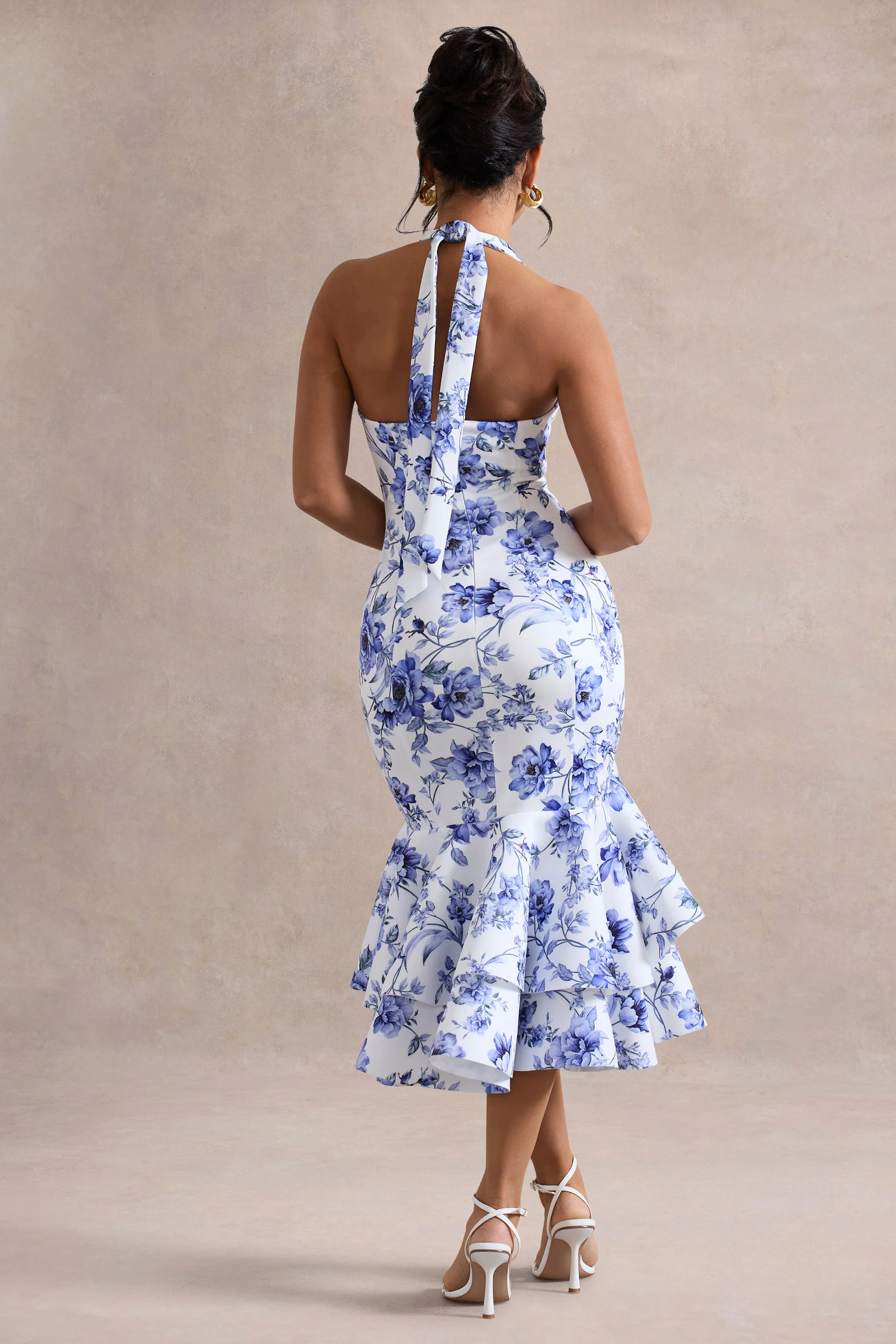 Arla | Blue Floral Halter-Neck Ruffle Trim Midi Dress
