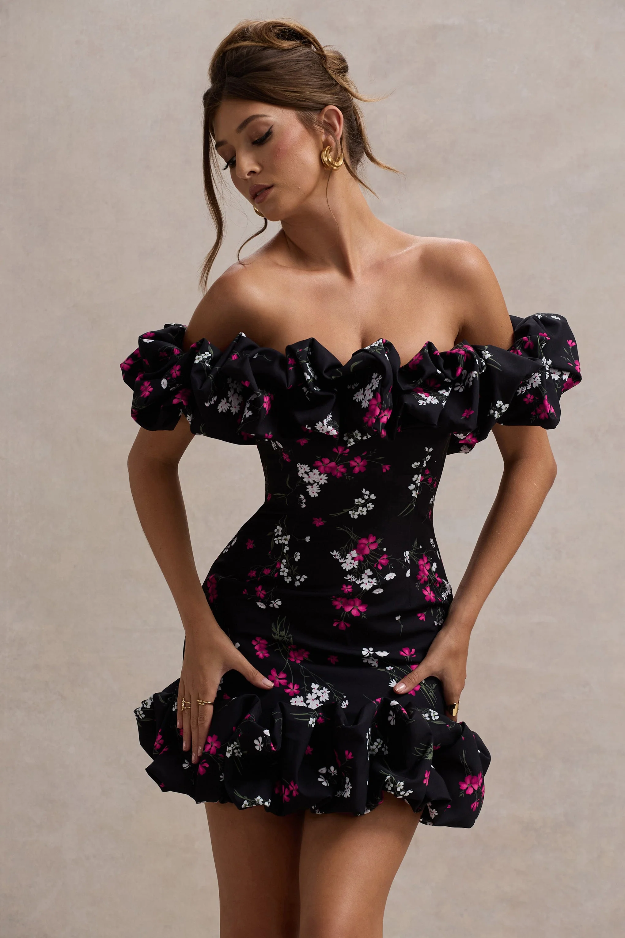 5764-lindo-black-ditsy-floral-print-ruffled-bardot-mini-dress-1.webp