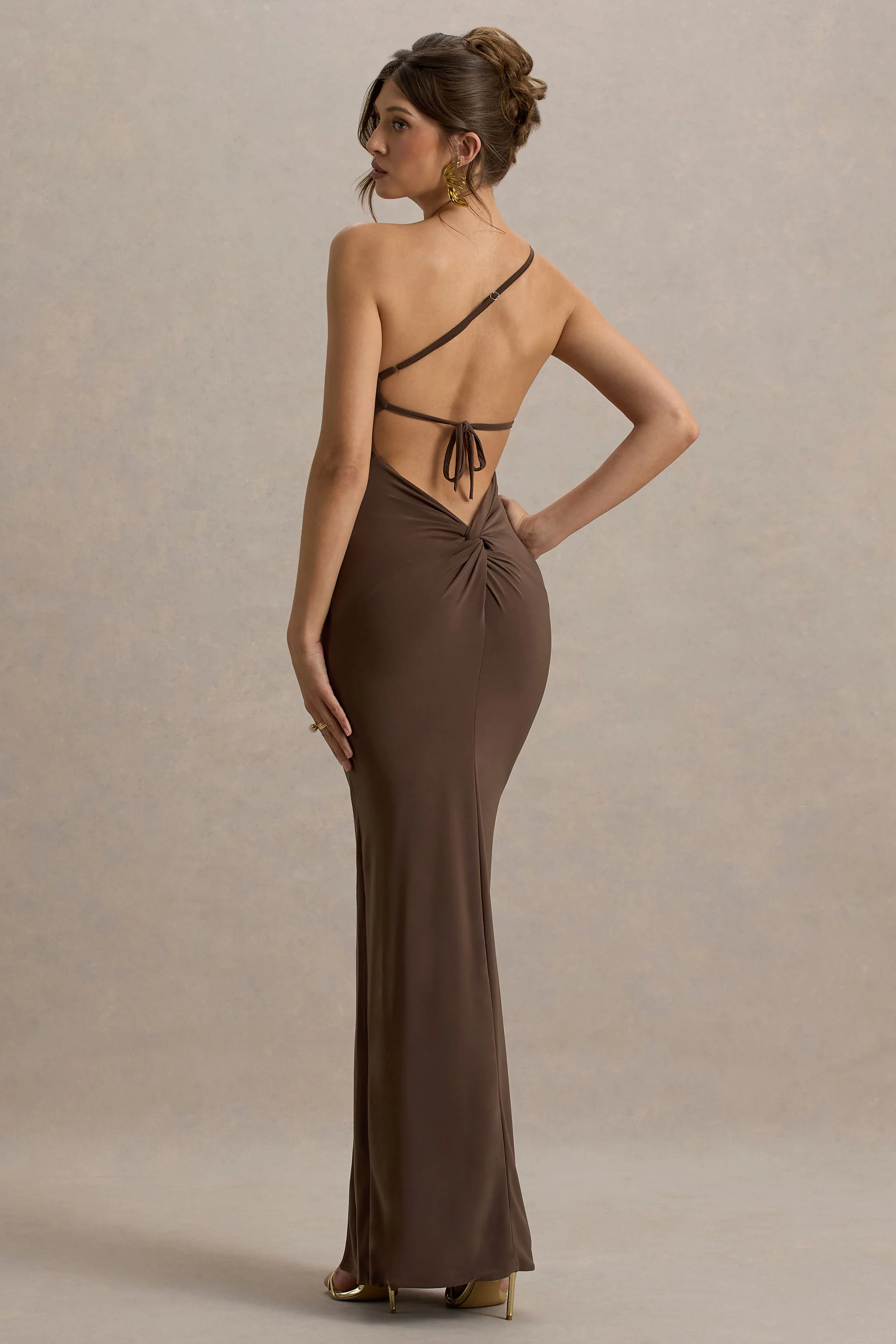 Dressing Up | Chocolate Brown One Shoulder Maxi Dress With Open Back Detail