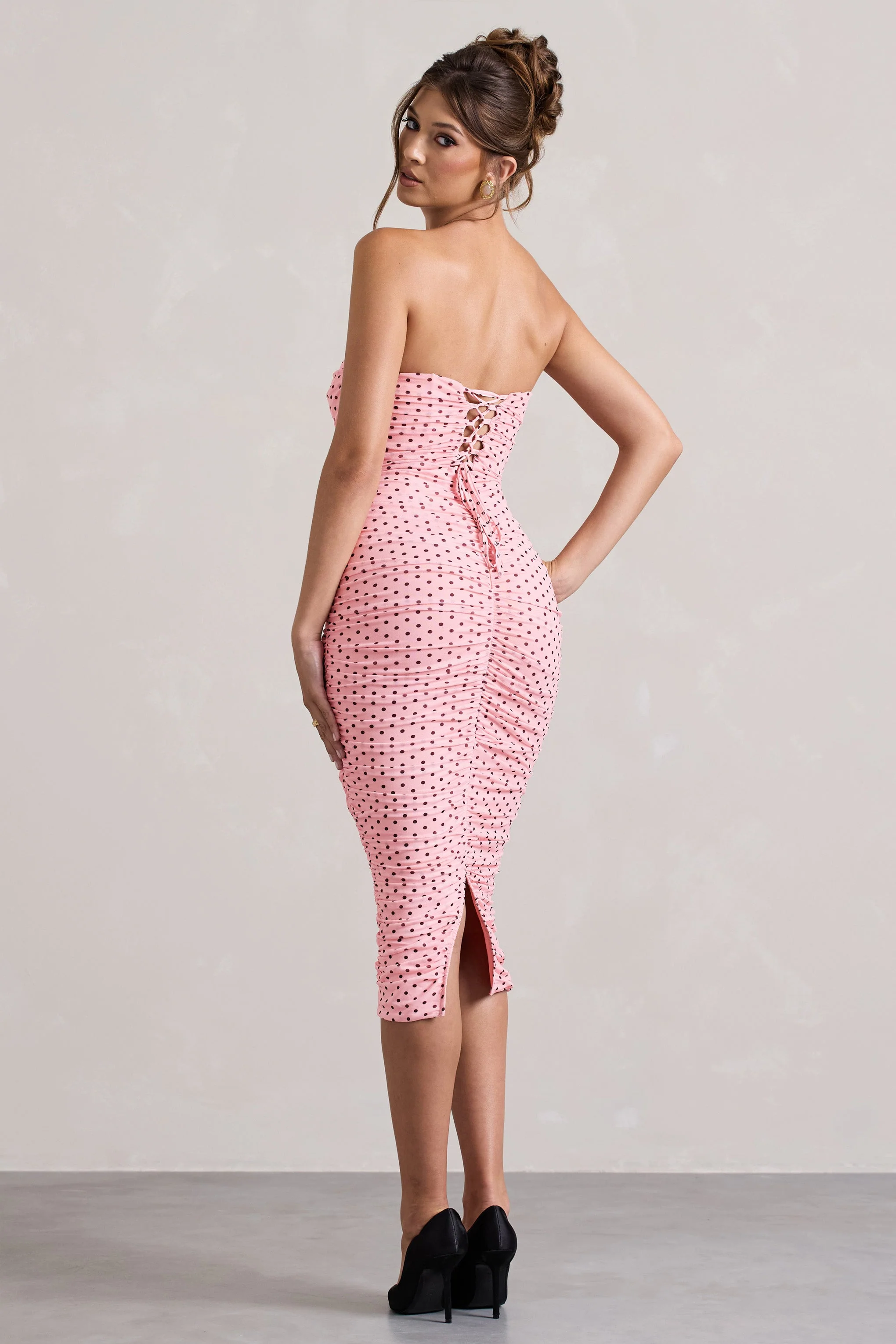 7465-lille-pink-polka-dot-ruched-mesh-strapless-midi-dress-with-corsage-1.webp
